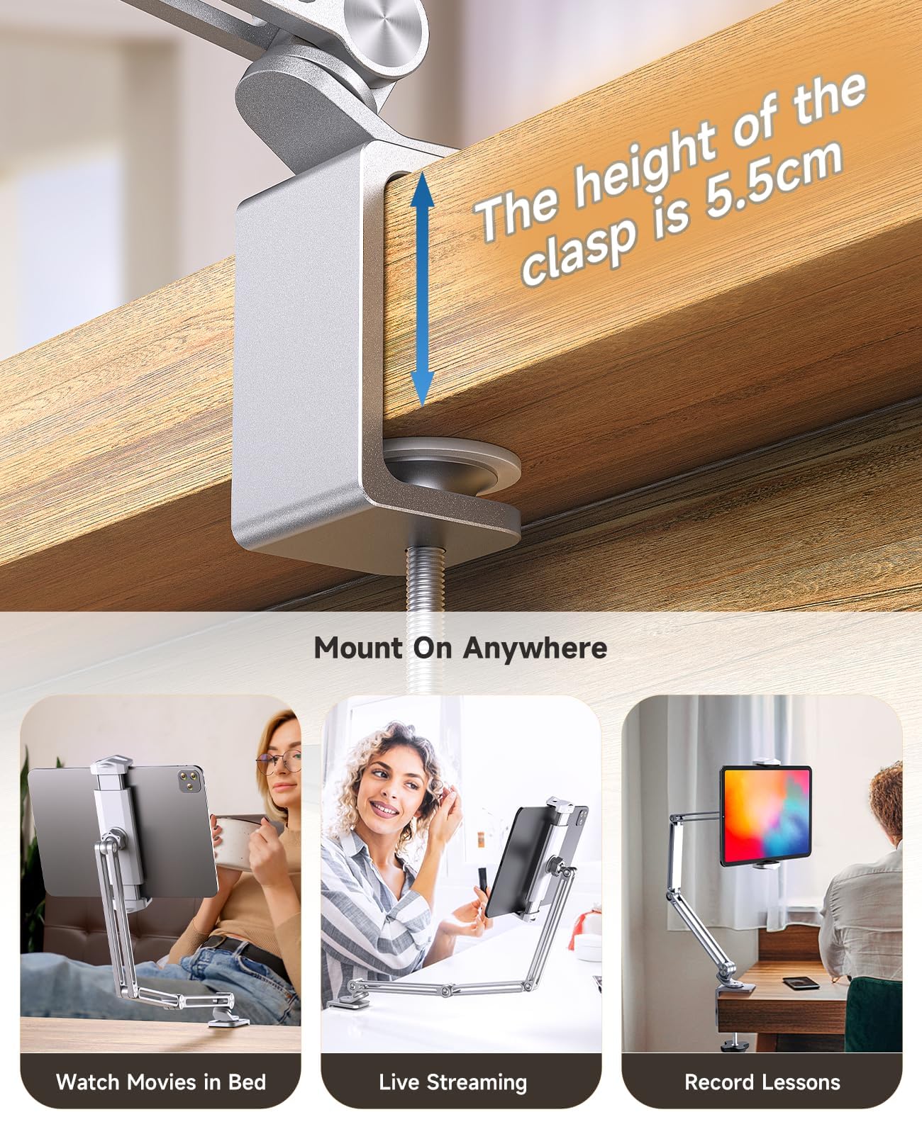 Yicosun Versatile Tablet Holder Stand   Adjustable Arm Mount For Bed, Desk   Compatible With Ipad, Tablets, Phones   Sturdy Alum