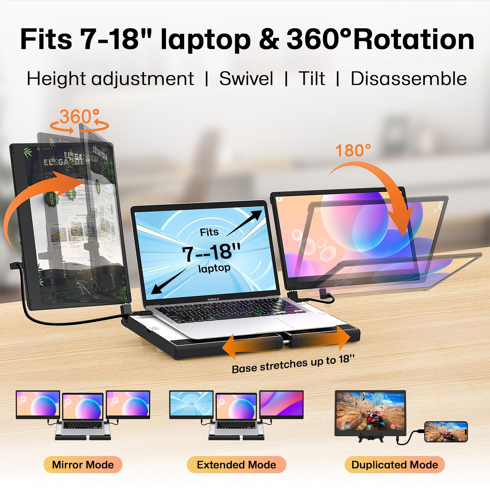 14'' Laptop Screen Extender Smart Base   Upgraded Triple Portable Monitor Fhd 1080P  300% More Efficient, 360 Rotation/Detachabl