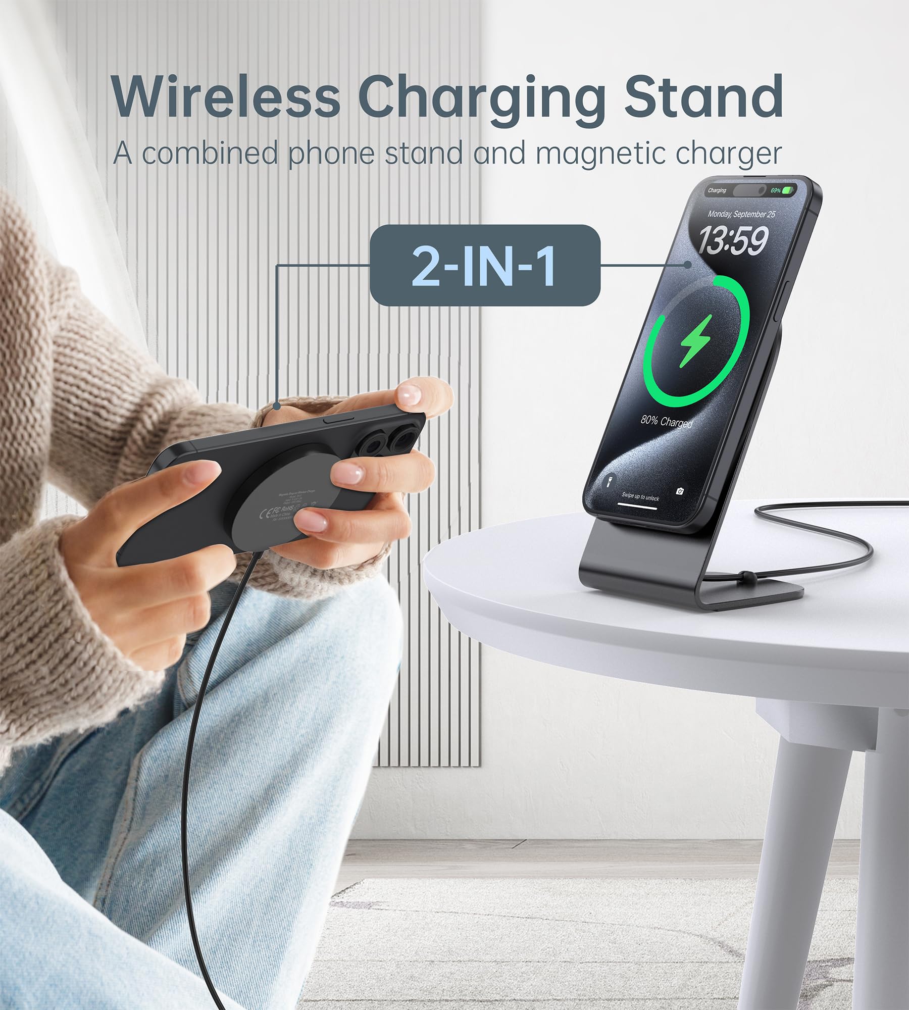 Magnetic Wireless Charger With Aluminum Charging Pad Stand Compatible With Iphone 16/15/14/13/12 Series,20W Pd Charger&5Ft Cable