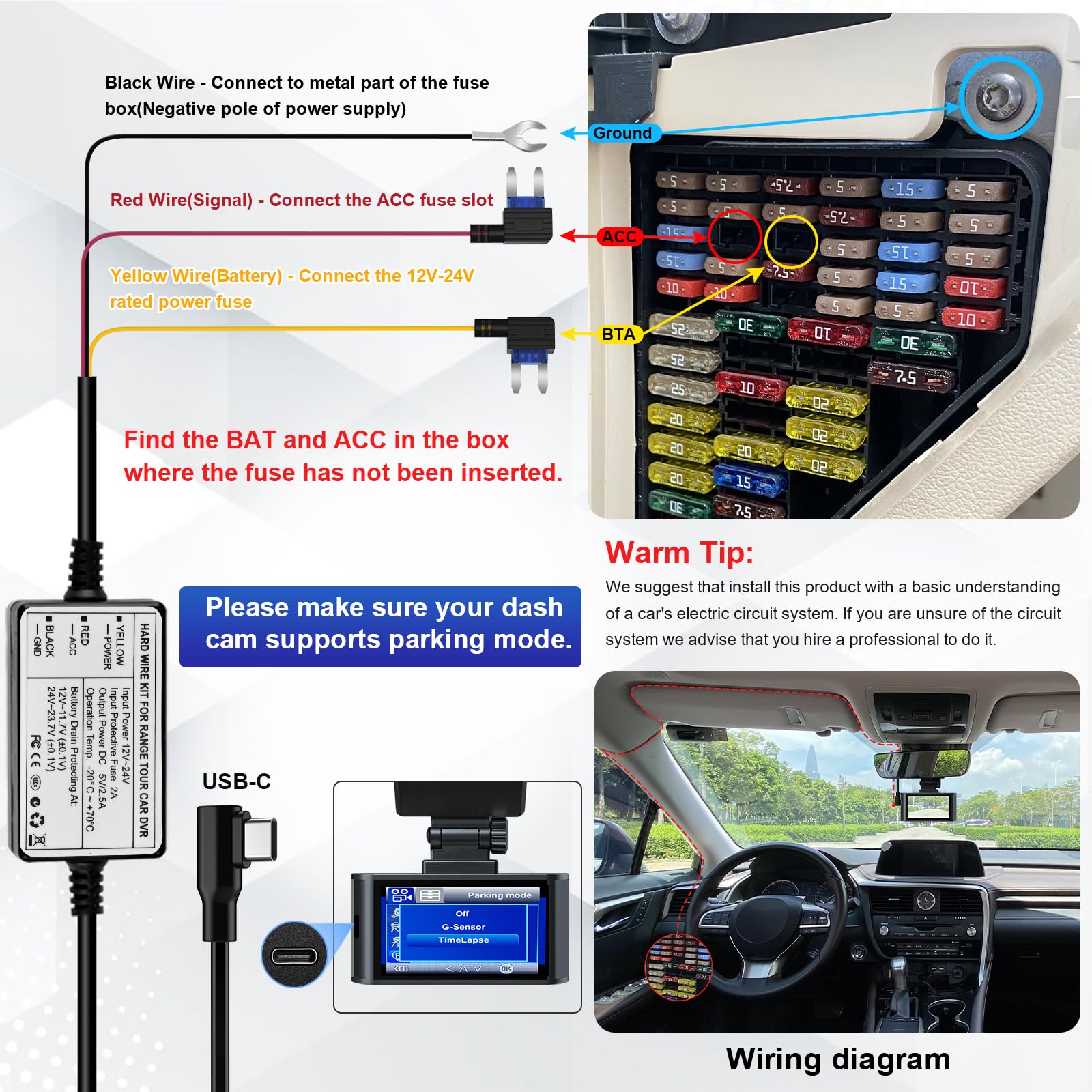 Range Tour Hardwire Kit For Dash Cam, 12V 24V To 5V 2.5A Car Dash Camera Charger Power Cord Usb C Hard Wire Kit Fuse For Dashcam