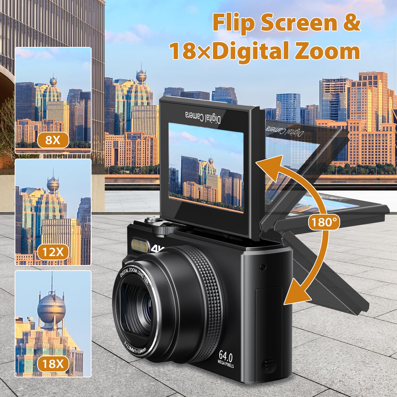 Cameras For Photography, 4K 64Mp Digital Vlogging Camera For Youtube With 3'' 180? Flip Screen, Compact Wifi Camera With 18X Dig