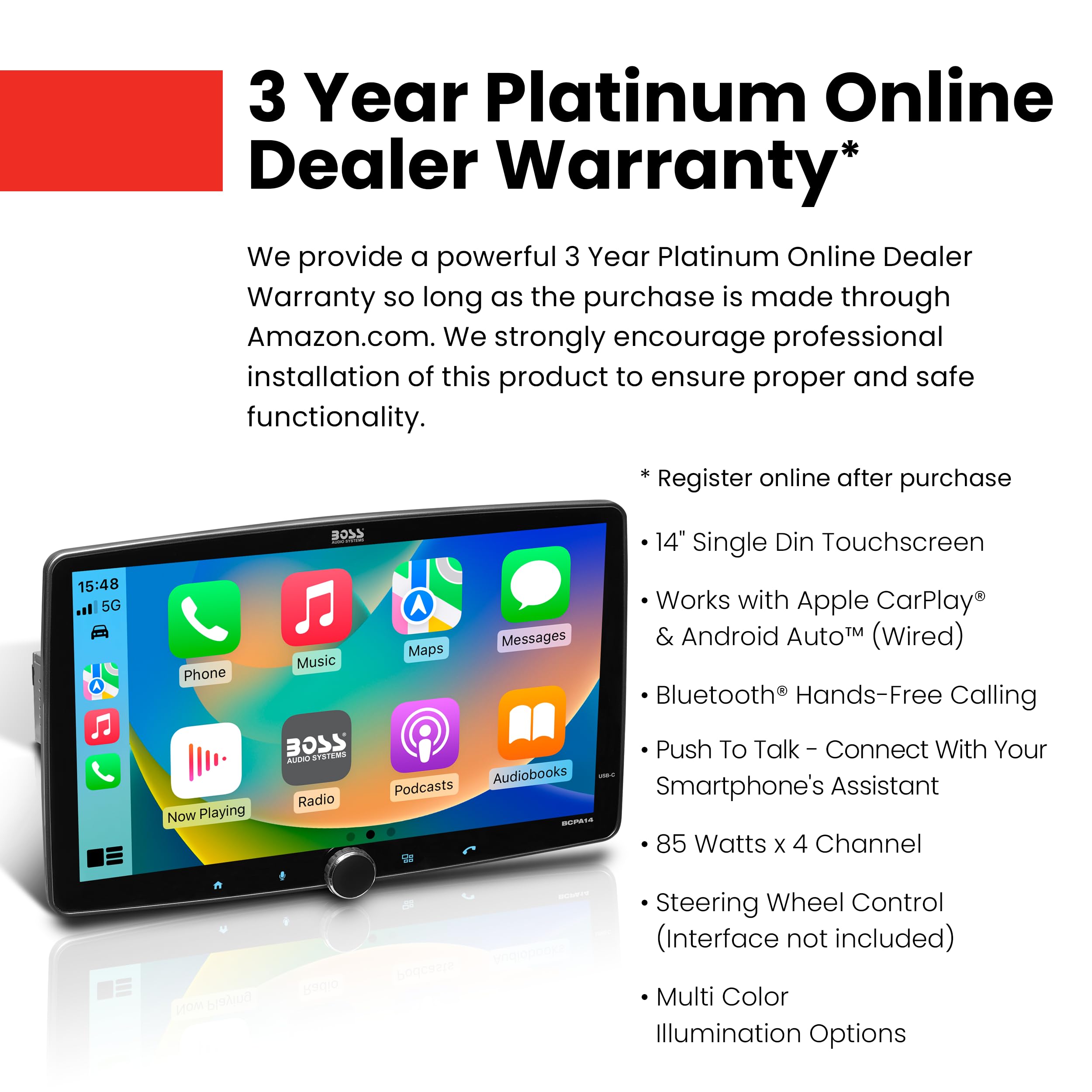 Boss Audio Systems Bcpa14 Car Stereo - Apple Carplay, Android Auto, Single Din, 14 Inch Capacitive Lcd Touchscreen, Bluetooth, N