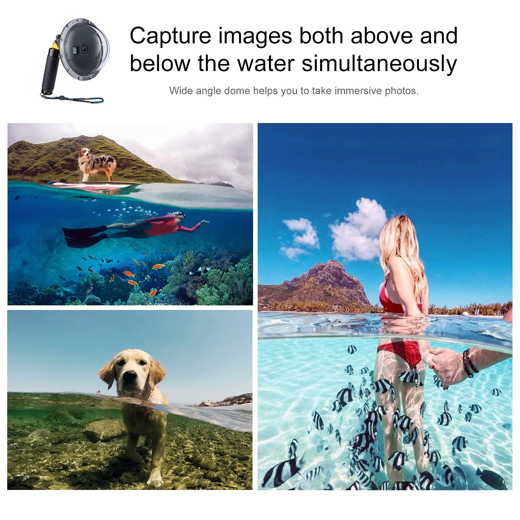 Yallsame Dome For Gopro 8 Waterproof Dome Housing Case With Front Screen Window, Floating Hand Grip, Trigger Underwater Diving S