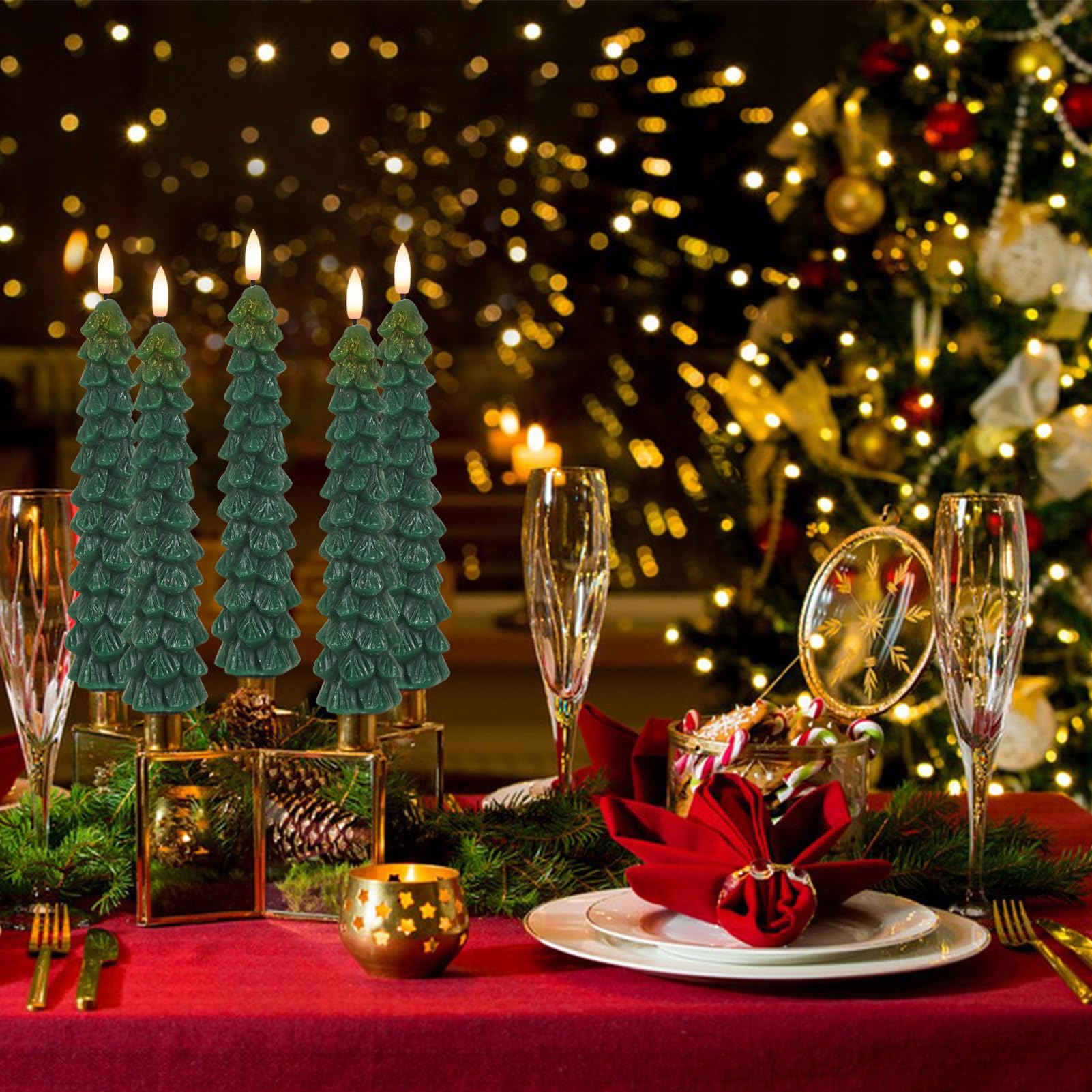 Eldnacele Christmas Tree Flameless Taper Candles With Remote And Timer, Battery Operated Warm 3D Wick Flickering Real Wax Set Of