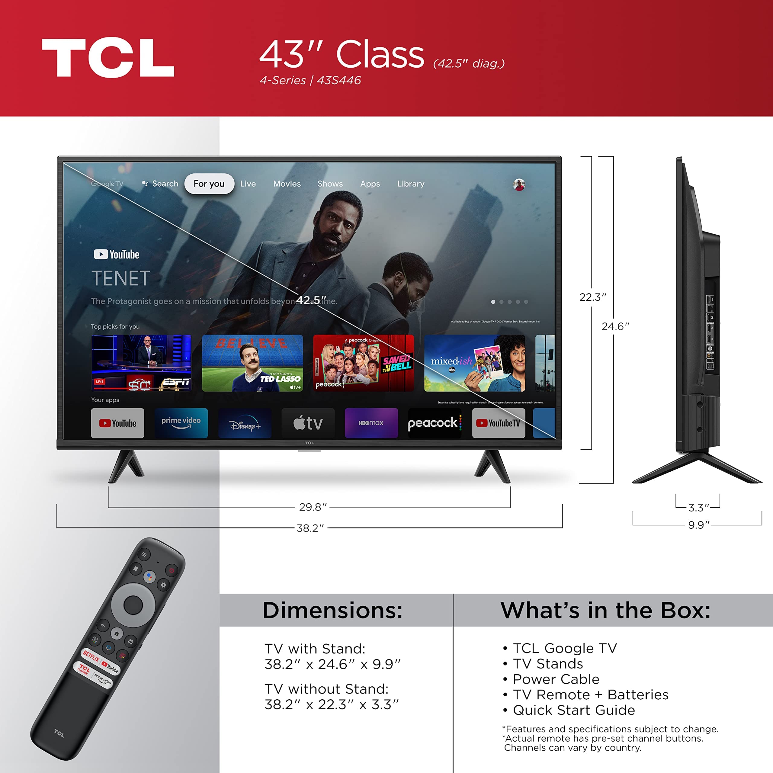 Tcl 43'' Class 4 Series 4K Uhd Hdr Smart Google Tv   43S446, 2022 Model