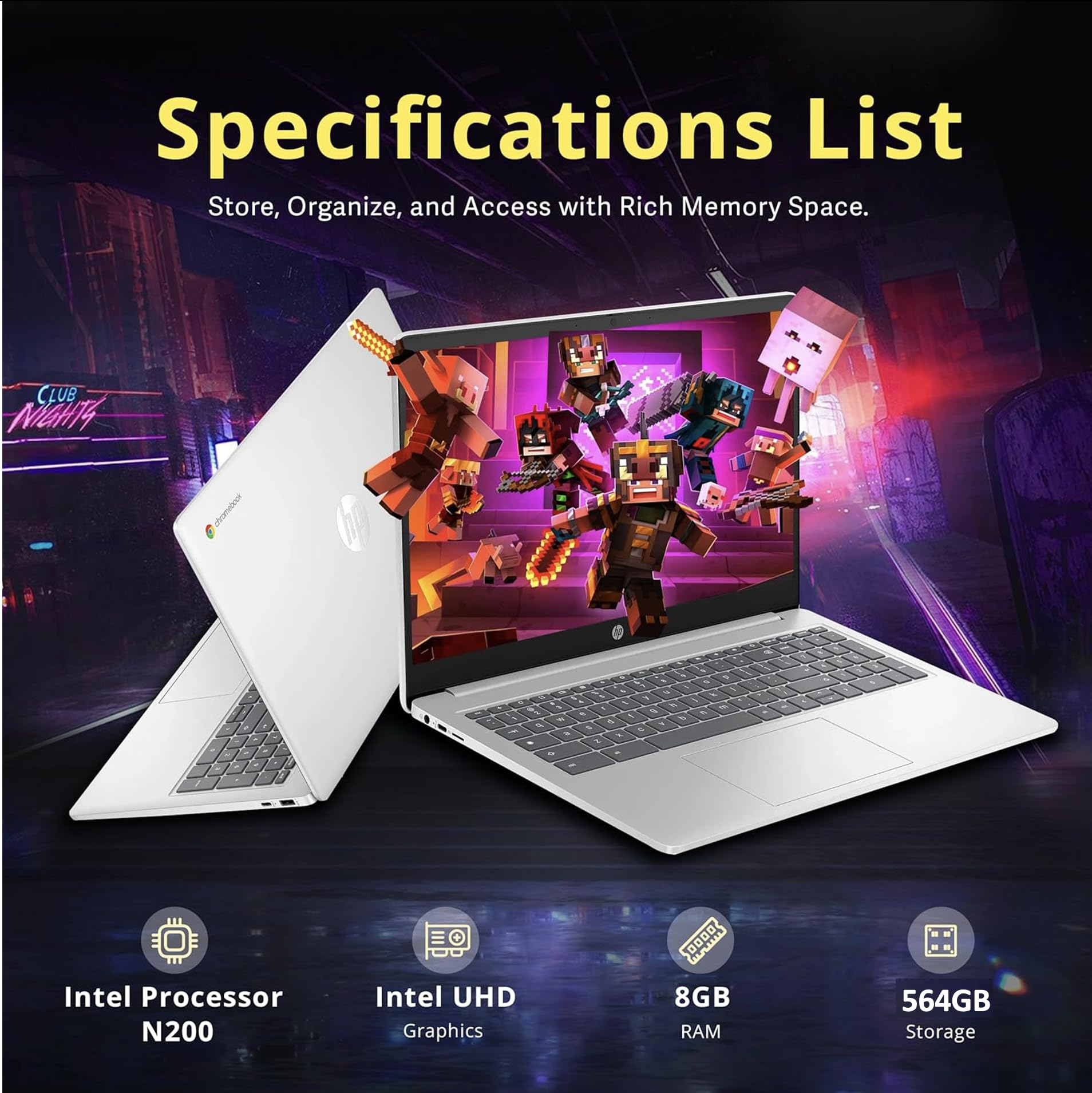 Hp Chromebook 2025 Premium Laptop Student Business, 15.6'' Hd Display, Quad-Core Intel N200 Processor, 8Gb Ram, 564Gb Storage (6