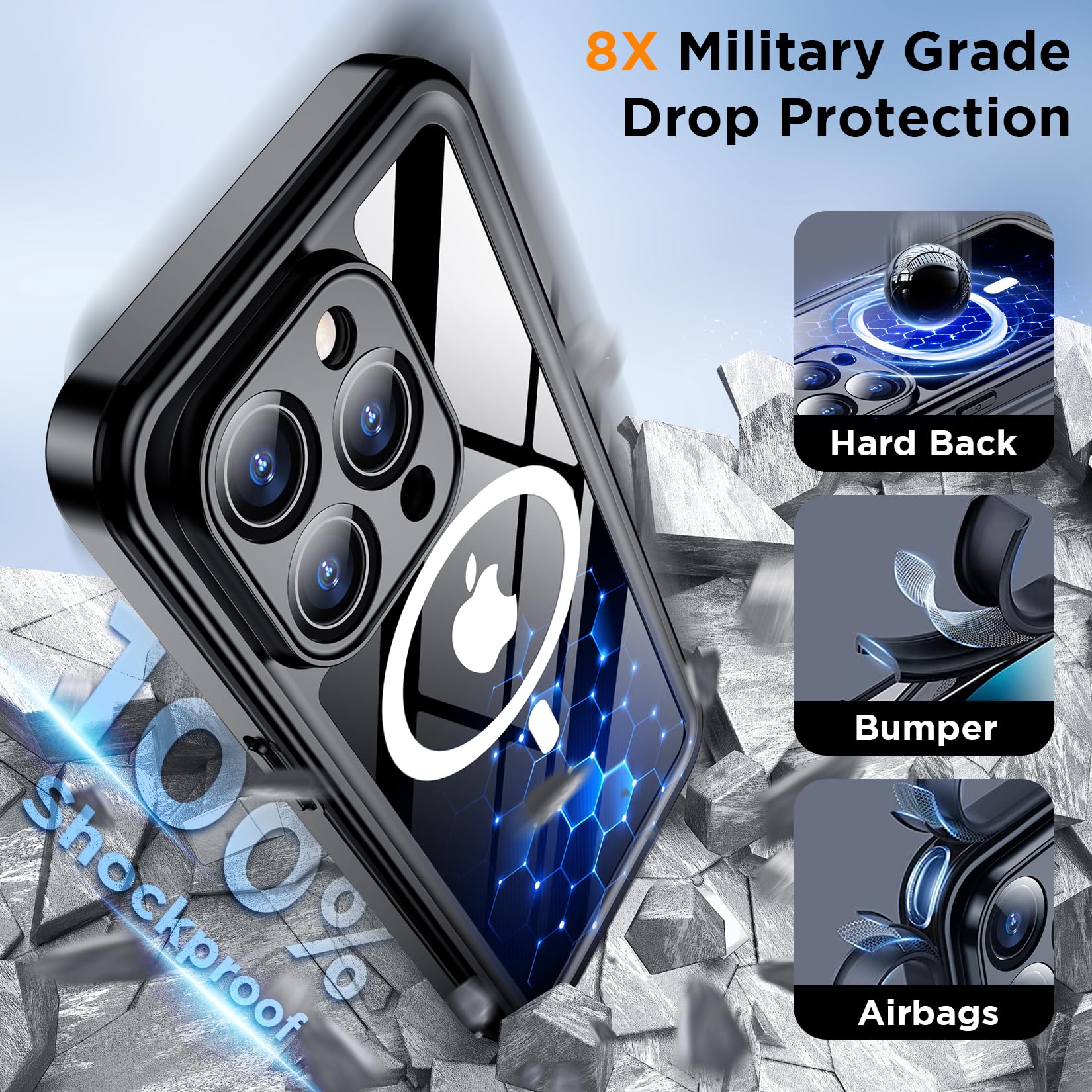 Temdan Magnetic For Iphone 15 Pro Case Waterproof,Built In Screen Protector[Ip68 Underwater][Upgrade Military Dropproof][Compati