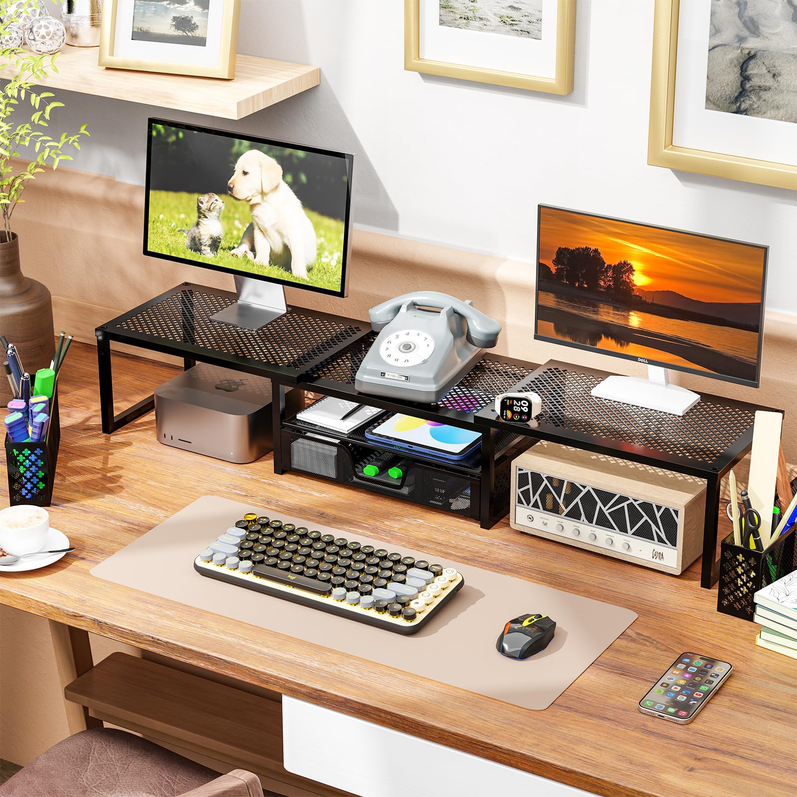 Simple Trending Monitor Stand Riser, Adjustable Angle Computer Desk Organizer With Drawer Storage And Pen Holder , Black