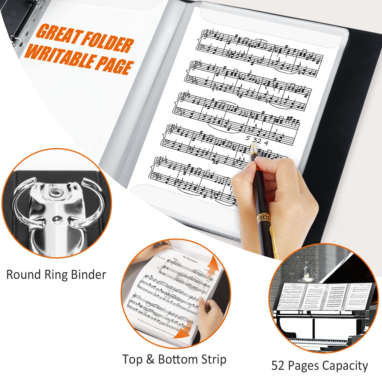Sheet Music Folder, 8.5     11 Music Binder, 4 Page Expand, 52 Pages Capacity, Writable Choir Folder, Black