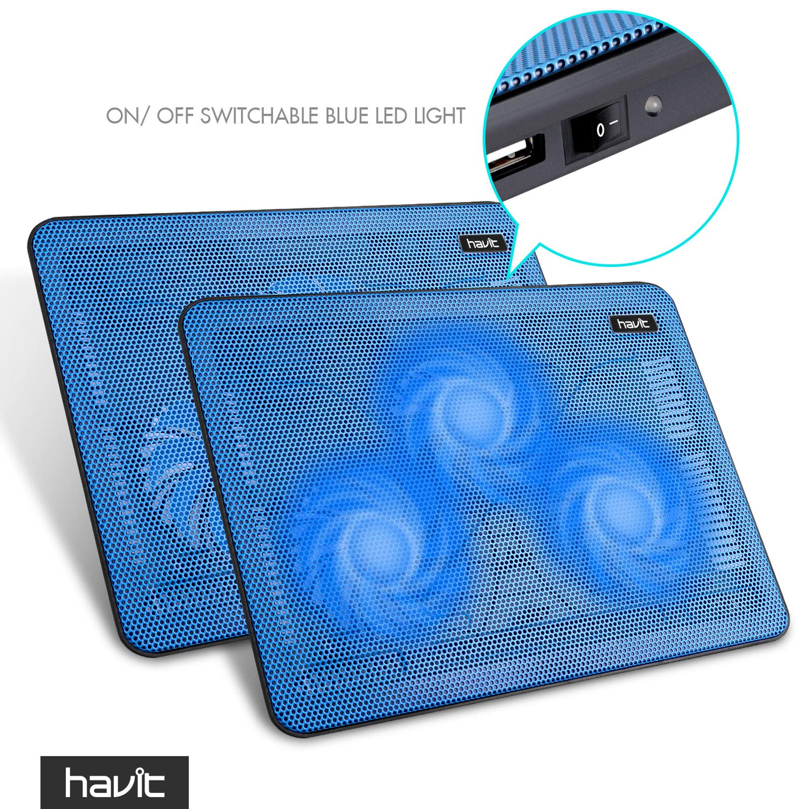 Havit Hv F2056 15.6 17 Inch Laptop Cooler Cooling Pad   Slim Portable Usb Powered (3 Fans) (Blue)