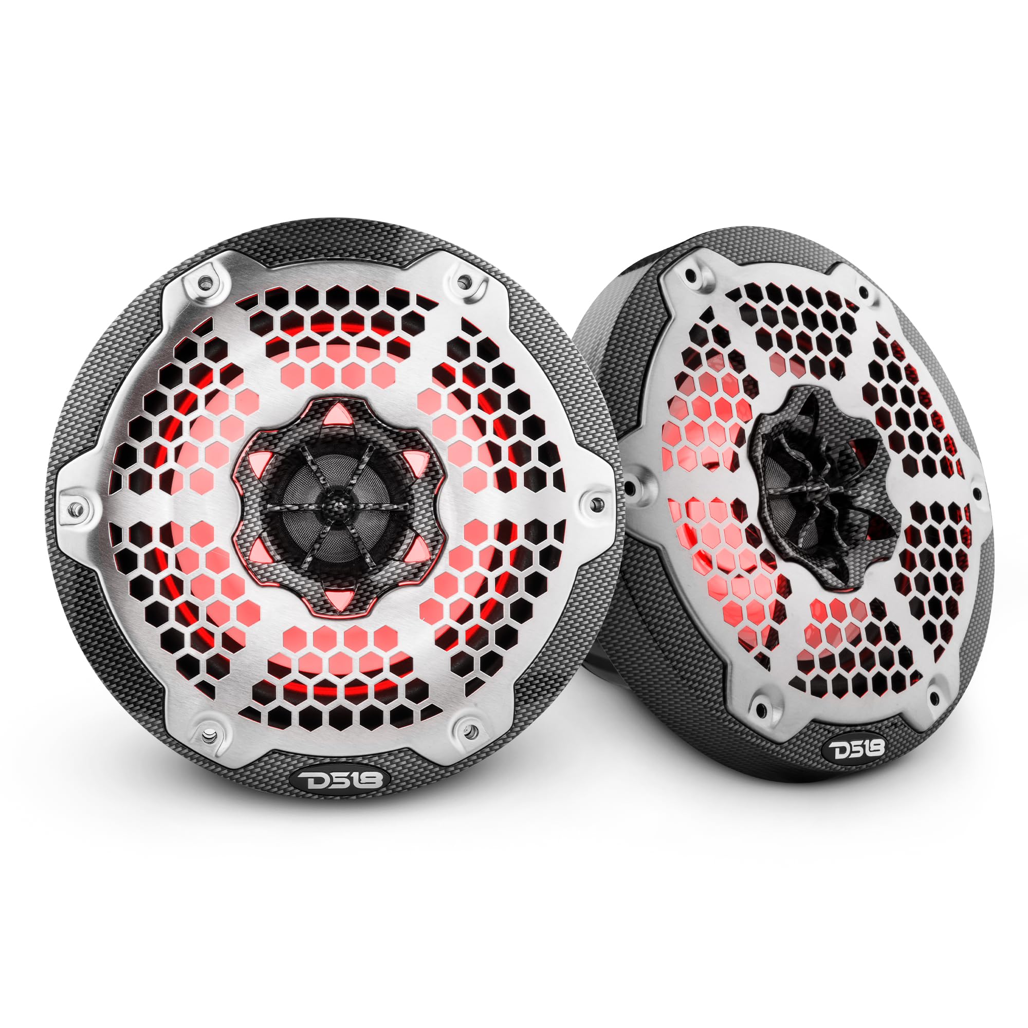 DS18 Hydro CF-65M 6.5 Marine Speakers 2-Way with Integrated RGB Lights, Black Carbon Fiber, Pair - 100% UV Stable - Water Resist