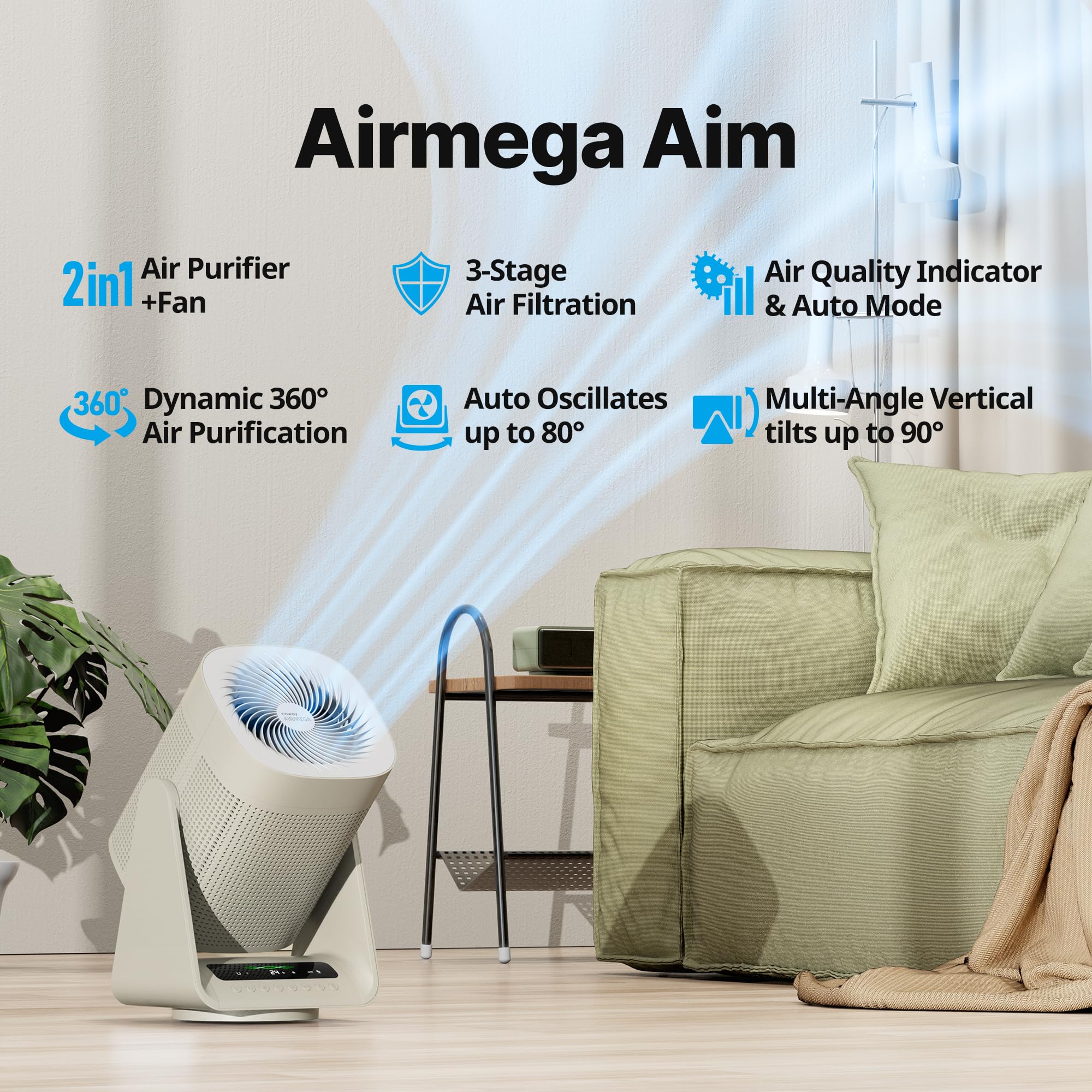 Coway Air Purifier For Home Bedroom, 2 In 1 With Fan, True Hepa Filter For Smoke, Allergies, Pet Dander, Odor, Air Quality Monit