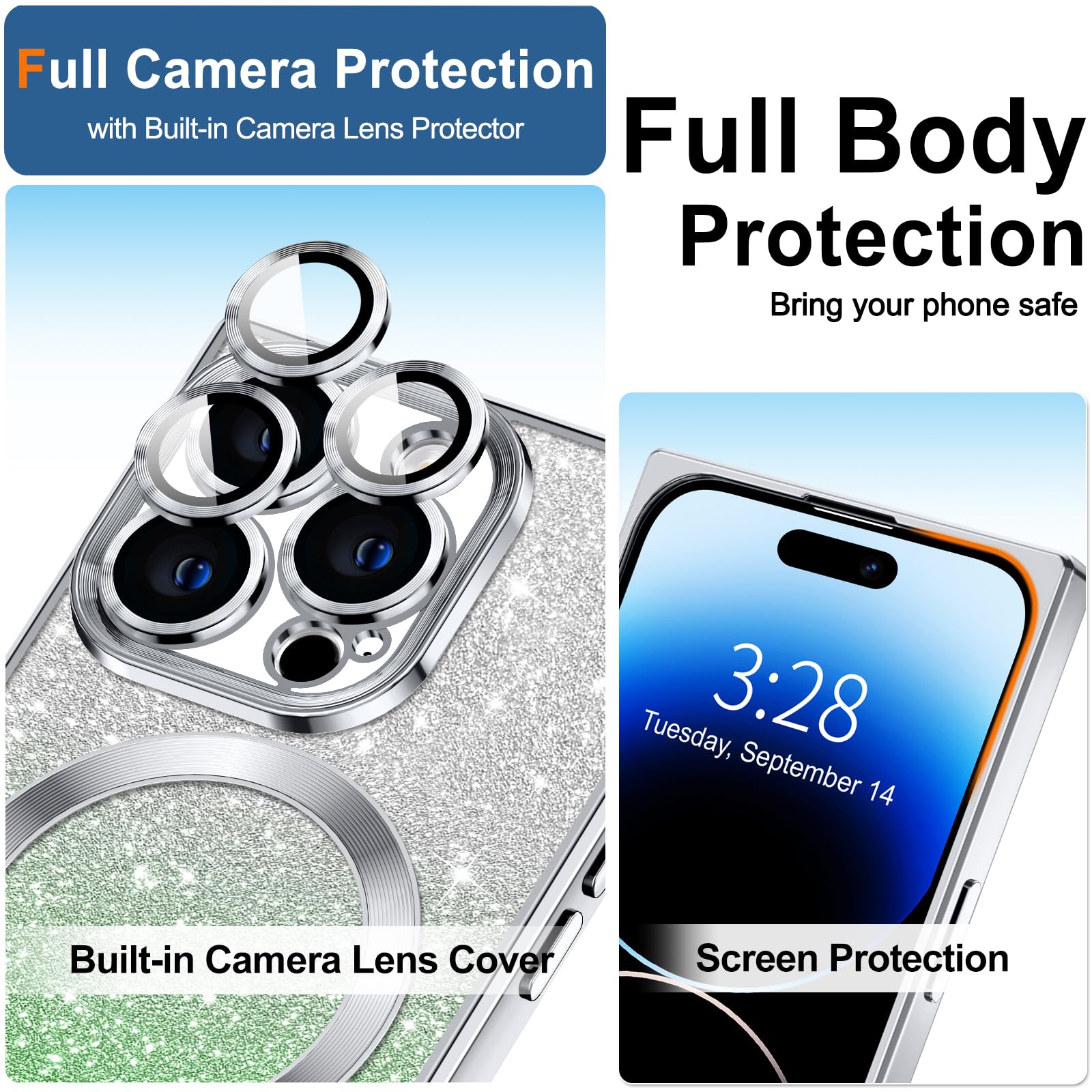 Hython For Iphone 14 Pro Case Clear Magnetic Glitter Phone Cases [Compatible With Magsafe] Full Camera Lens Protector Gradient S