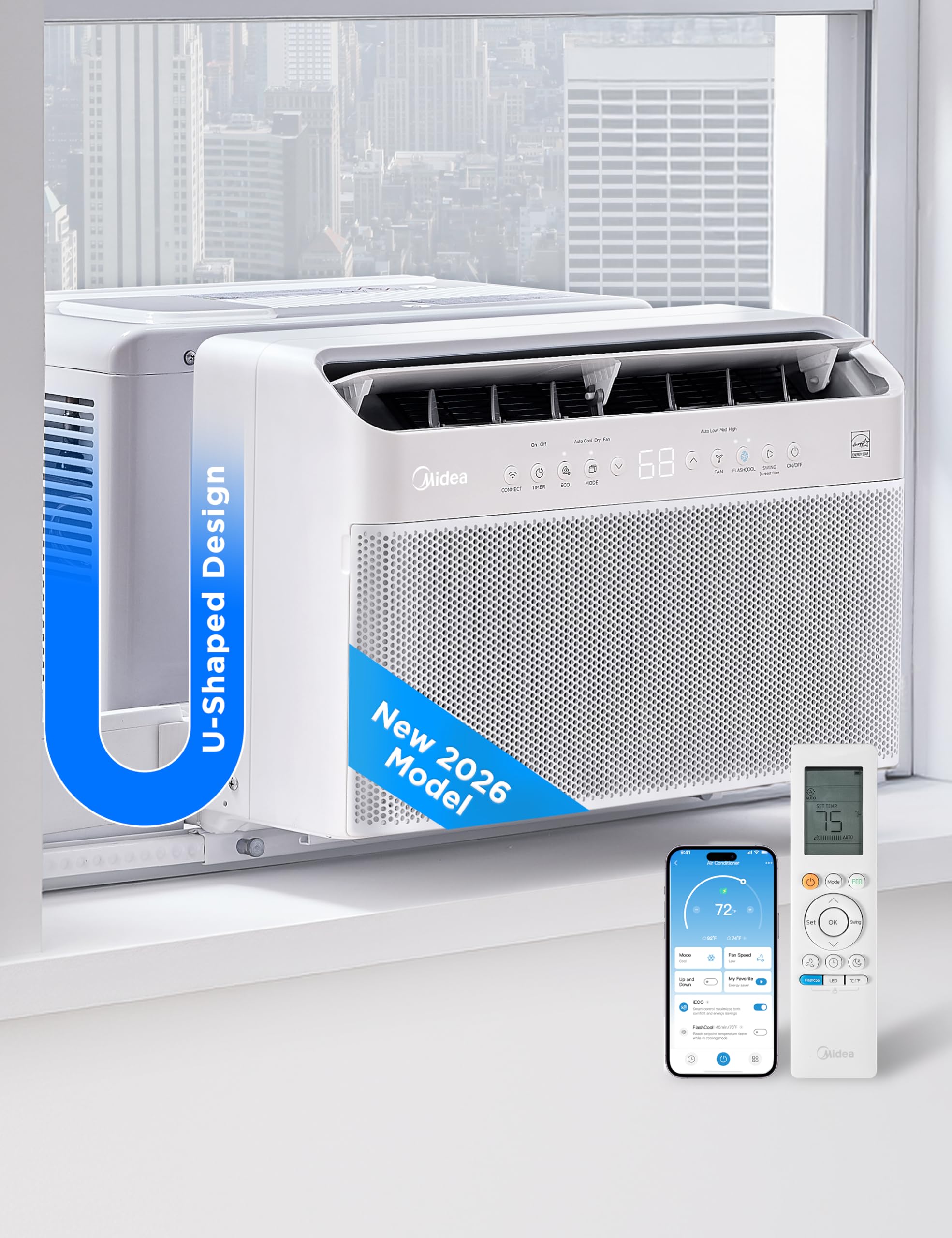 Midea 6,000 BTU U Shaped Smart Inverter Window Air Conditioner - Cools 250 Sq Ft, Ultra Quiet with Open Window Operation - Alexa