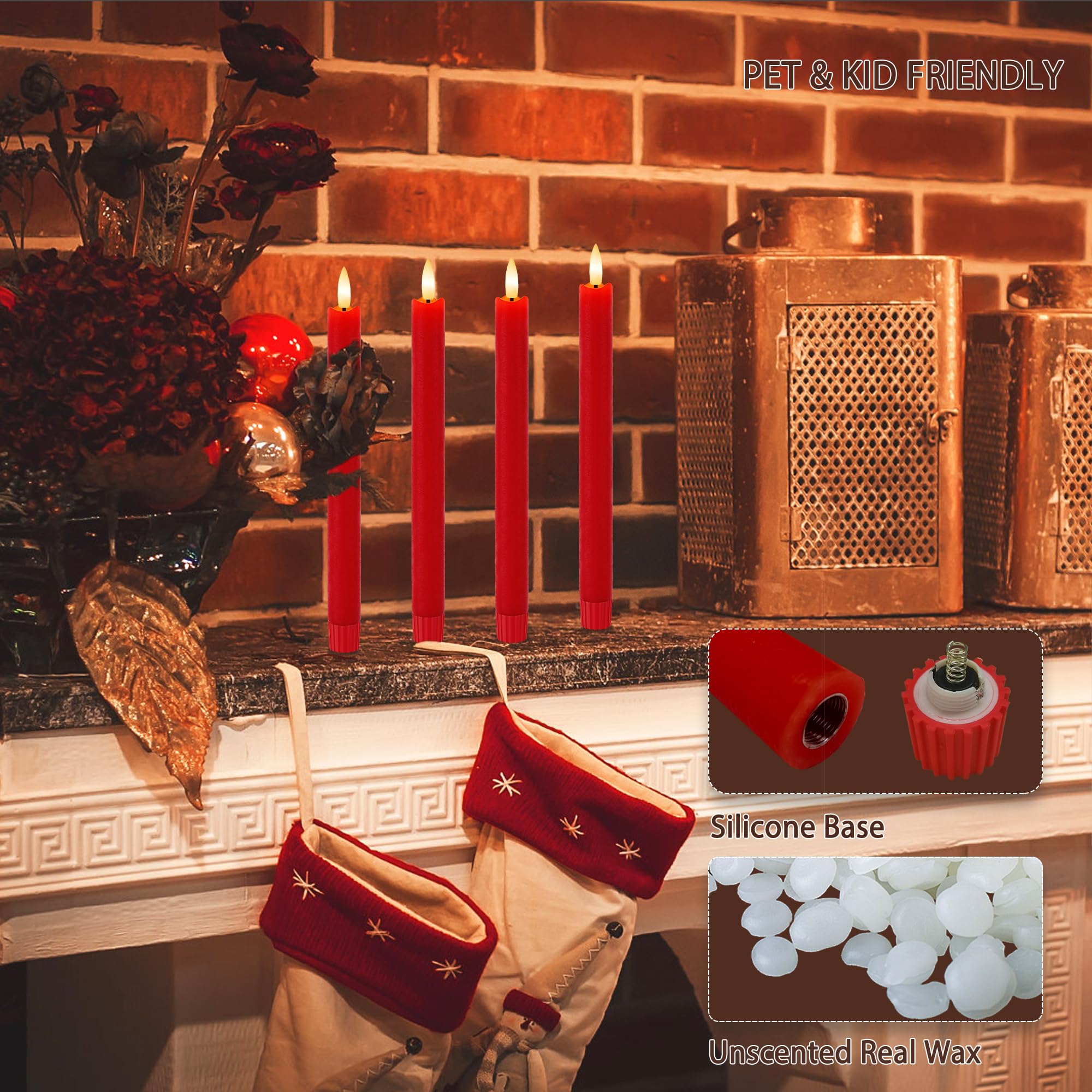 Red Flameless Taper Candles 9.6'' Christmas Led Candles Real Wax With Remote Timer, Battery Operated Led Candles Set With 3D Fli