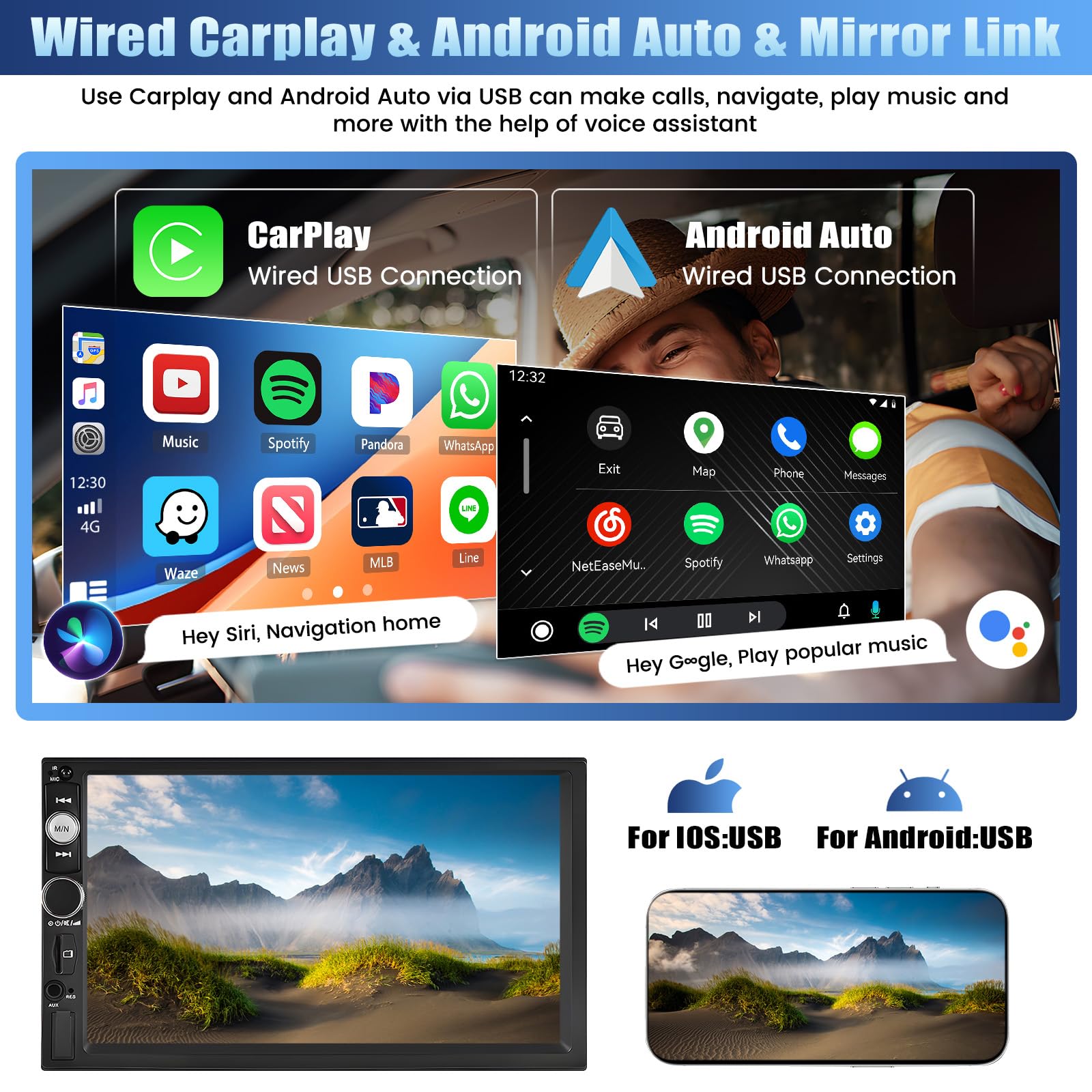 Double Din Car Stereo With Apple Carplay&Android Auto,7 Inch 1080P Touchscreen Car Radio Multimedia Player With Fm Radio Bluetooth Mirror Link Swc Usb/Sd/Aux In Port+12Led Backup Camera&Remote Control