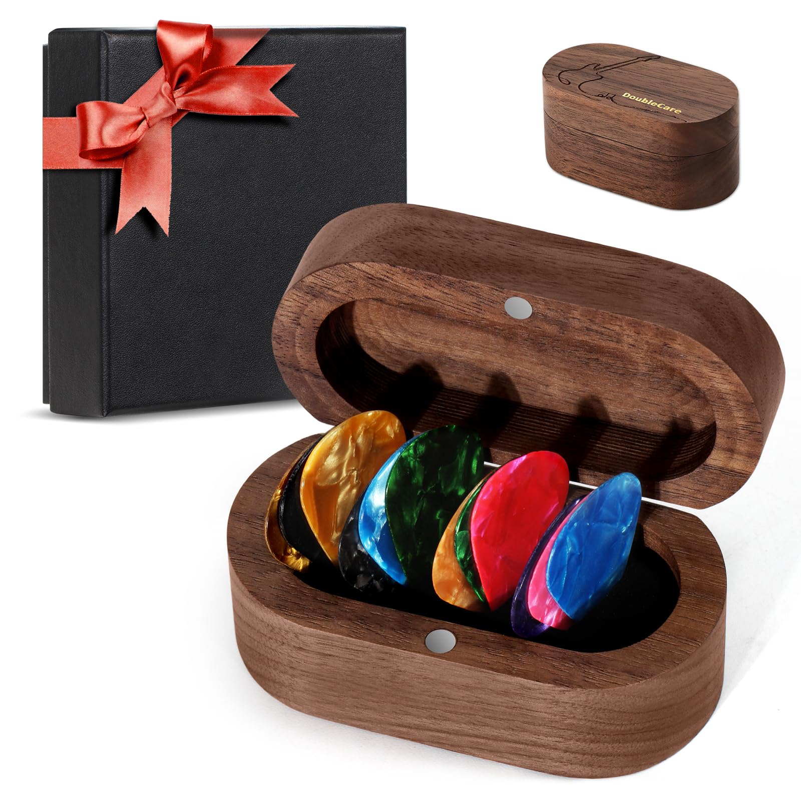 Doublecare Walnut Guitar Pick Case Set With 12 Celluloid Picks In 3 Thicknesses, Premium Guitar Pick Holder, Mini Jewelry Box, G