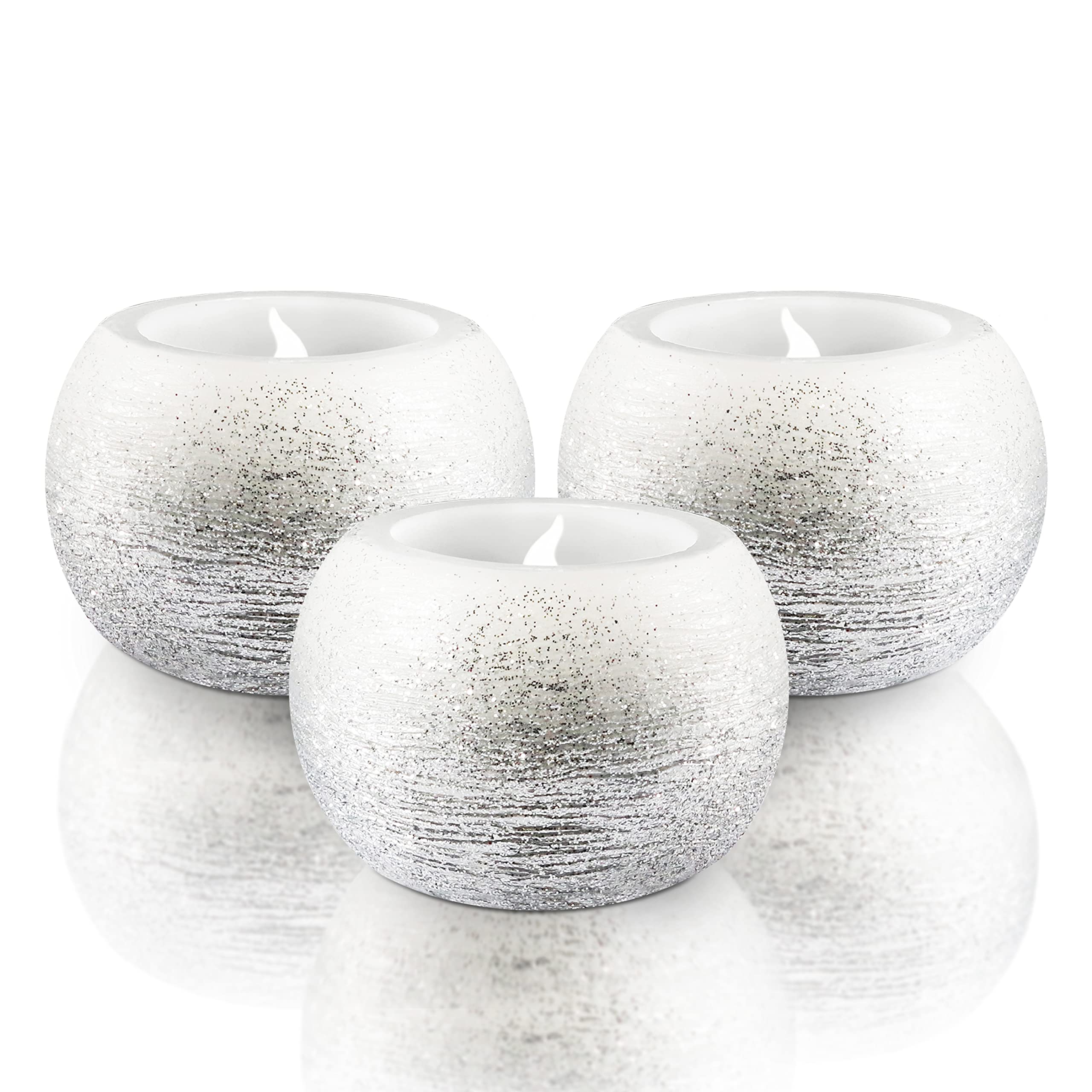 FURORA LIGHTING Silver Glittery Real Wax Flameless Candles Pack of 3, LED Flickering Round Candles Perfect for Wedding D  cor, 2