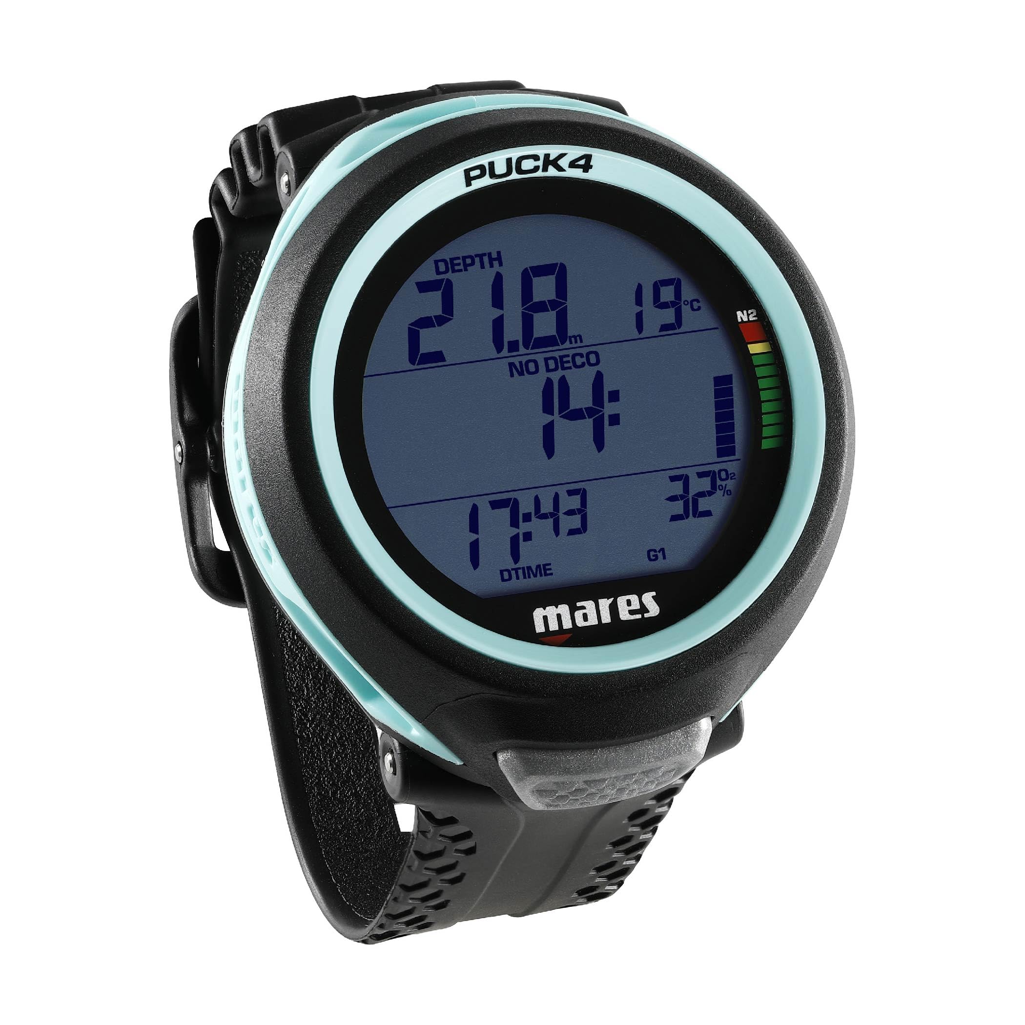 Mares Puck 4 Wrist Dive Computer | Entry-Level Watch-Style One Button Control Underwater Scuba Diving Computer, Black/Aqua