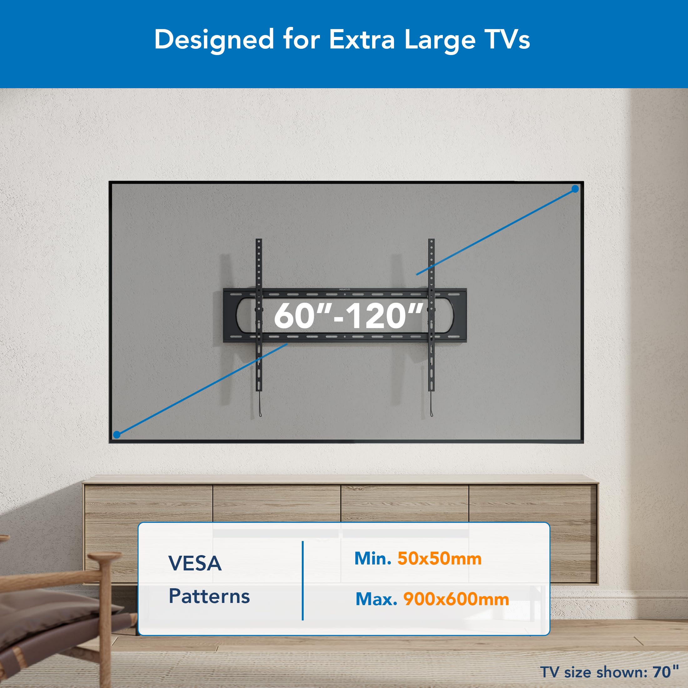 Mount It! Heavy Duty XXL TV Wall Mount for Extra Large TVs, Tilting TV Mount, max VESA 900x600, Holds up to 264lb, Large TV Wall Mount for 60', 65', 70', 75', 80', 85', 90', 100', 120'