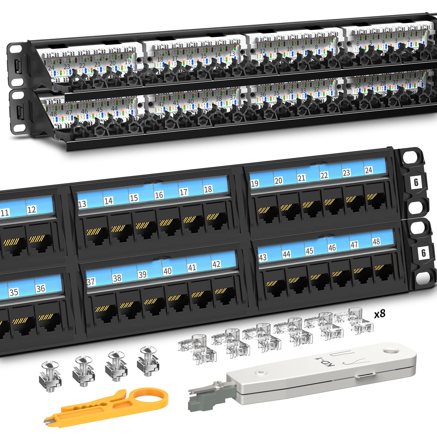 Ampcom Industrial Series Cat6 48 Ports Patch Panel, Rack Mount   2U, 19 Inch, Rj45 Ethernet 568A 568B, 50U Gold Plated, With Rea