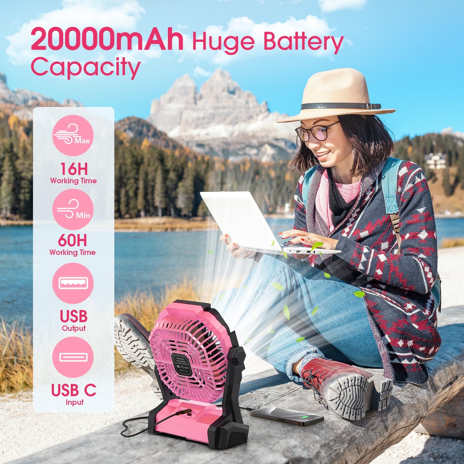 Portable Fan Rechargeable, 20000Mah Cordless Battery Powered Table Fan With Led Lantern, Usb C Battery Operated For Camping Tent