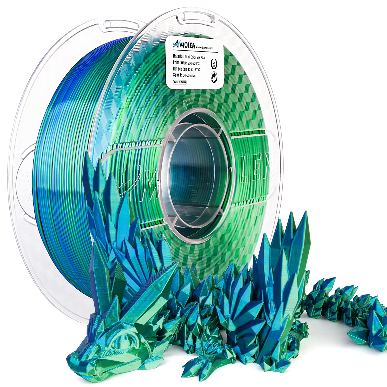 AMOLEN Silk PLA 3D Printer Filament, Silk Dual Color Blue Green PLA Filament 1.75mm, Shiny Coextrusion PLA Filament, Color Chang