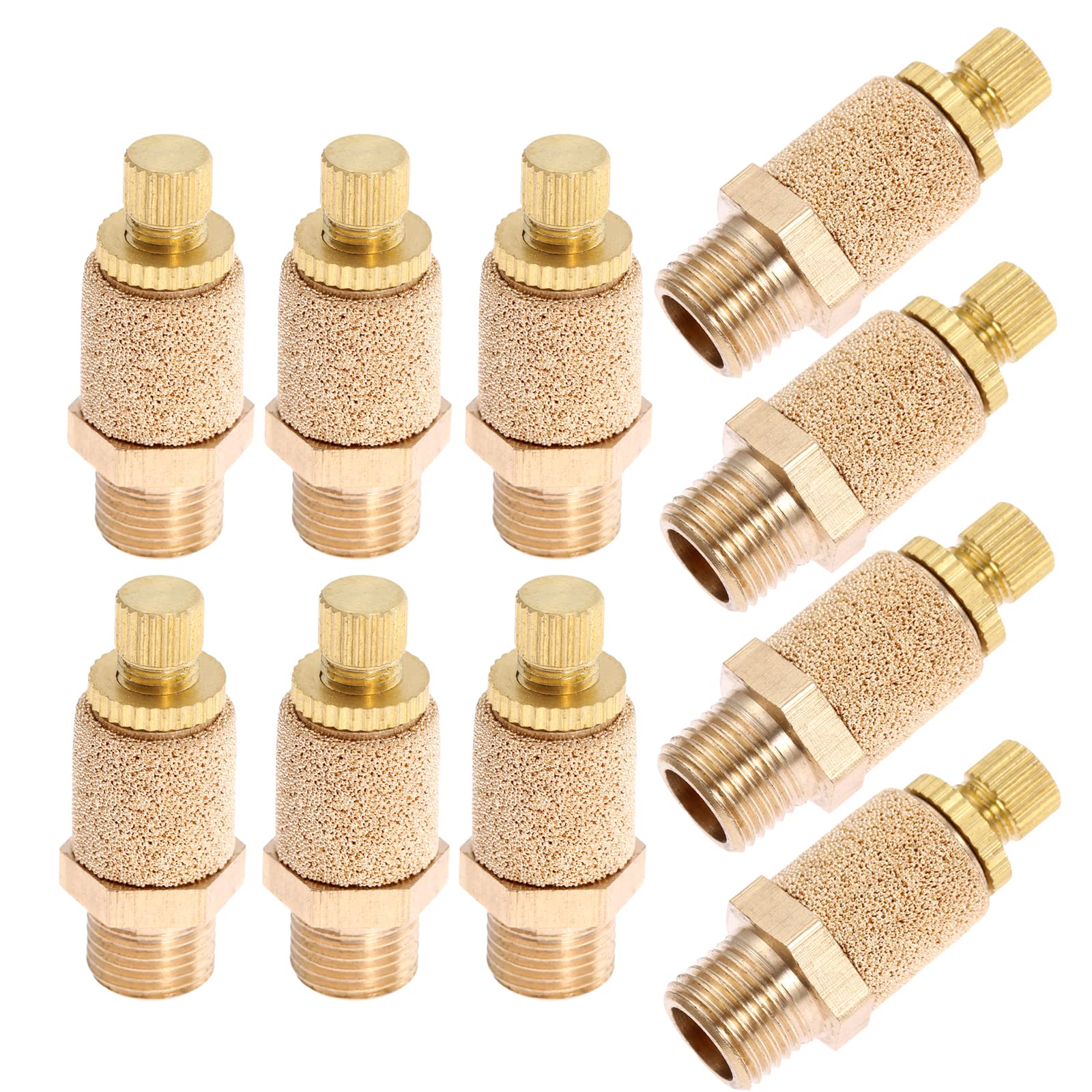 Mtsooning 10Pcs Air Pneumatic Flow Control Mufflers, 1/4Inch Exhaust Muffler Filters, Bronze Thread Hex Brass Silencer Replaceme