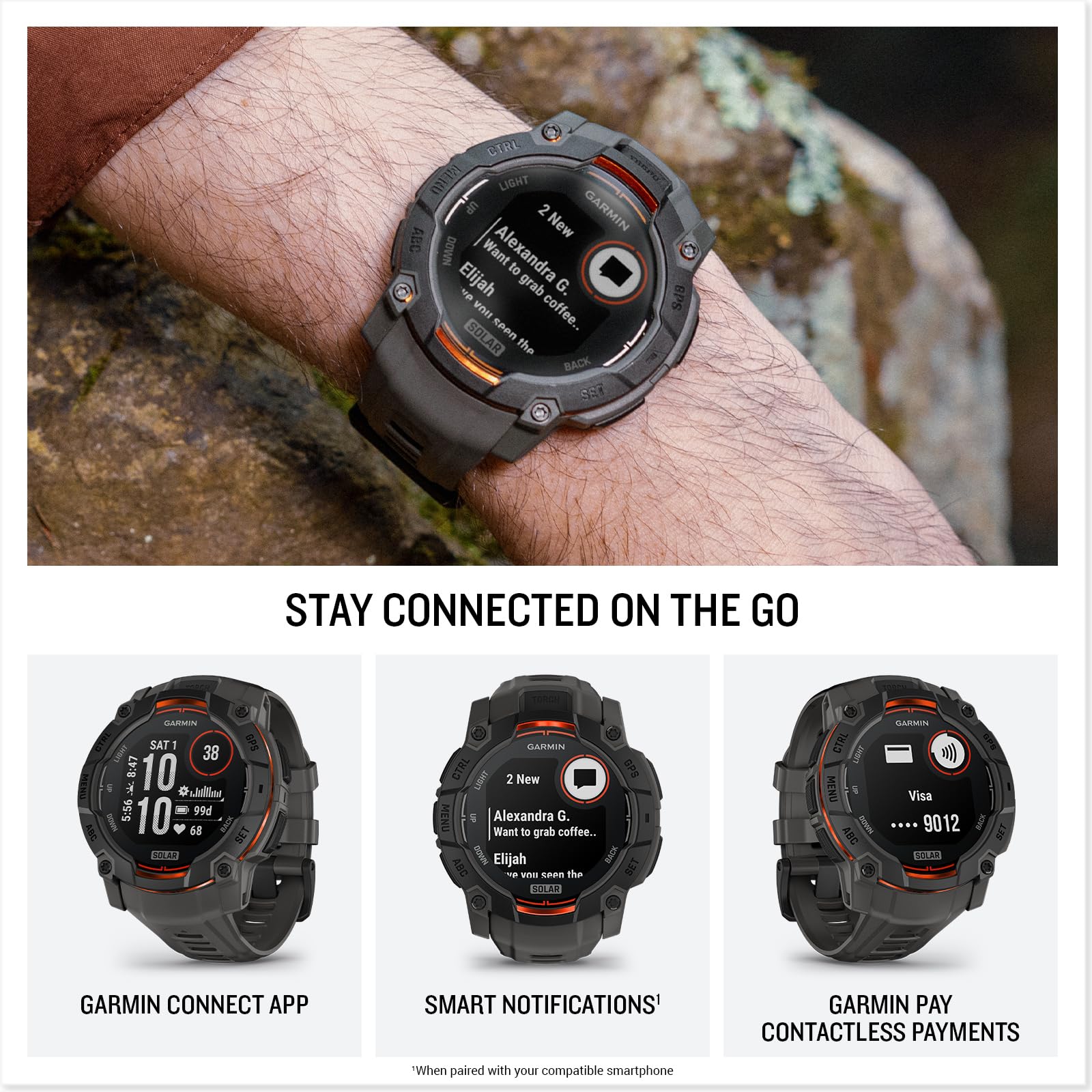 Garmin Instinct 3 50Mm, Solar Charged Display, Rugged Outdoor Gps Smartwatch, Metal-Reinforced Bezel, Built-In Flashlight, Charc