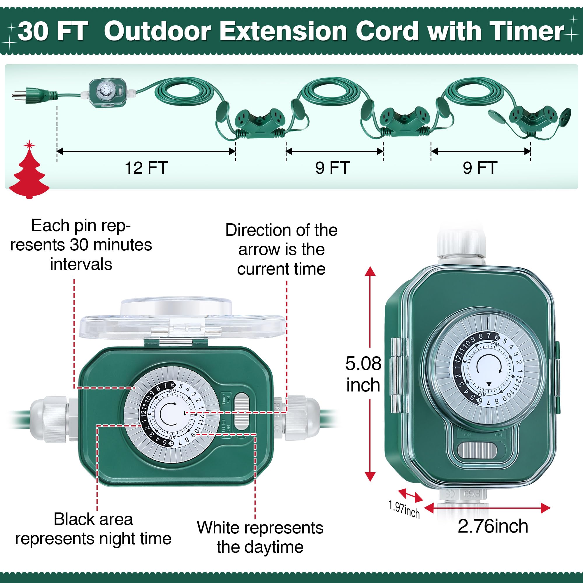 Feekoon 30 Ft Outdoor Extension Cord With Mechanical Timer And 6 Outlet Plugs, 16Awg Sjtw Green Power Cord With Safety Cover Hea