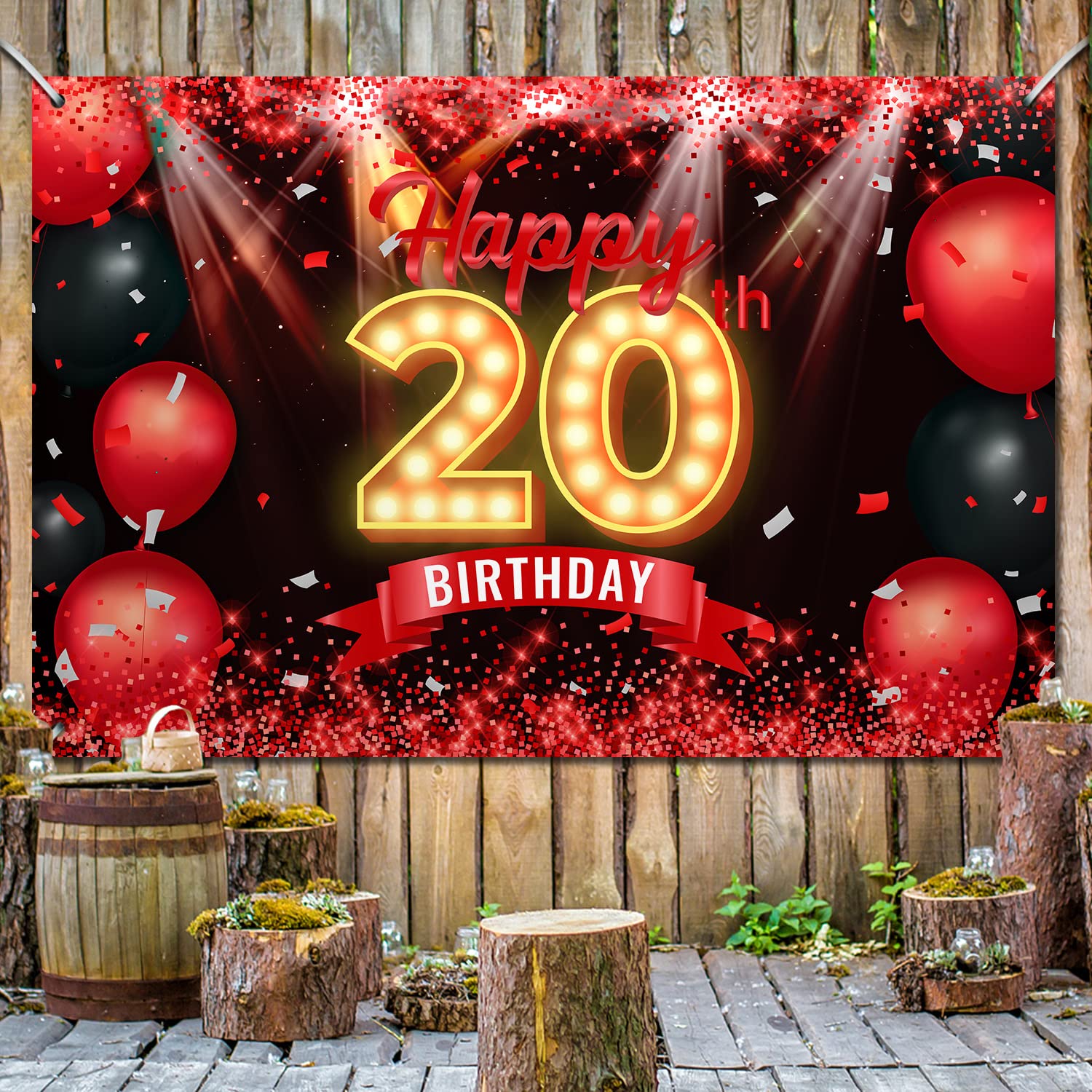 Happy 20Th Birthday Banner Backdrop Red And Black 20 Years Old Background Bday Decorations For Girls Women Boys Men Photography