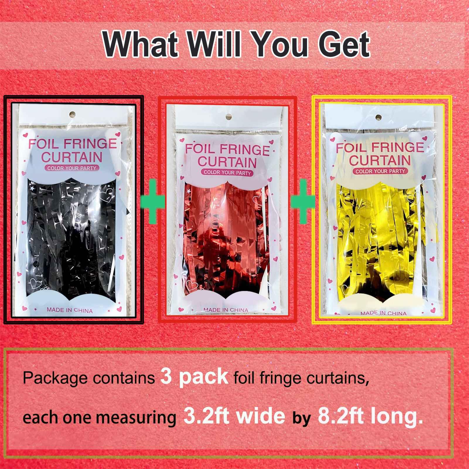 Eufars Party Decorations - 3 Pack Of 3.2X8.2Ft Red Black Gold Tinsel Fringe Backdrop Streamers Curtains For Red Black Gold Party