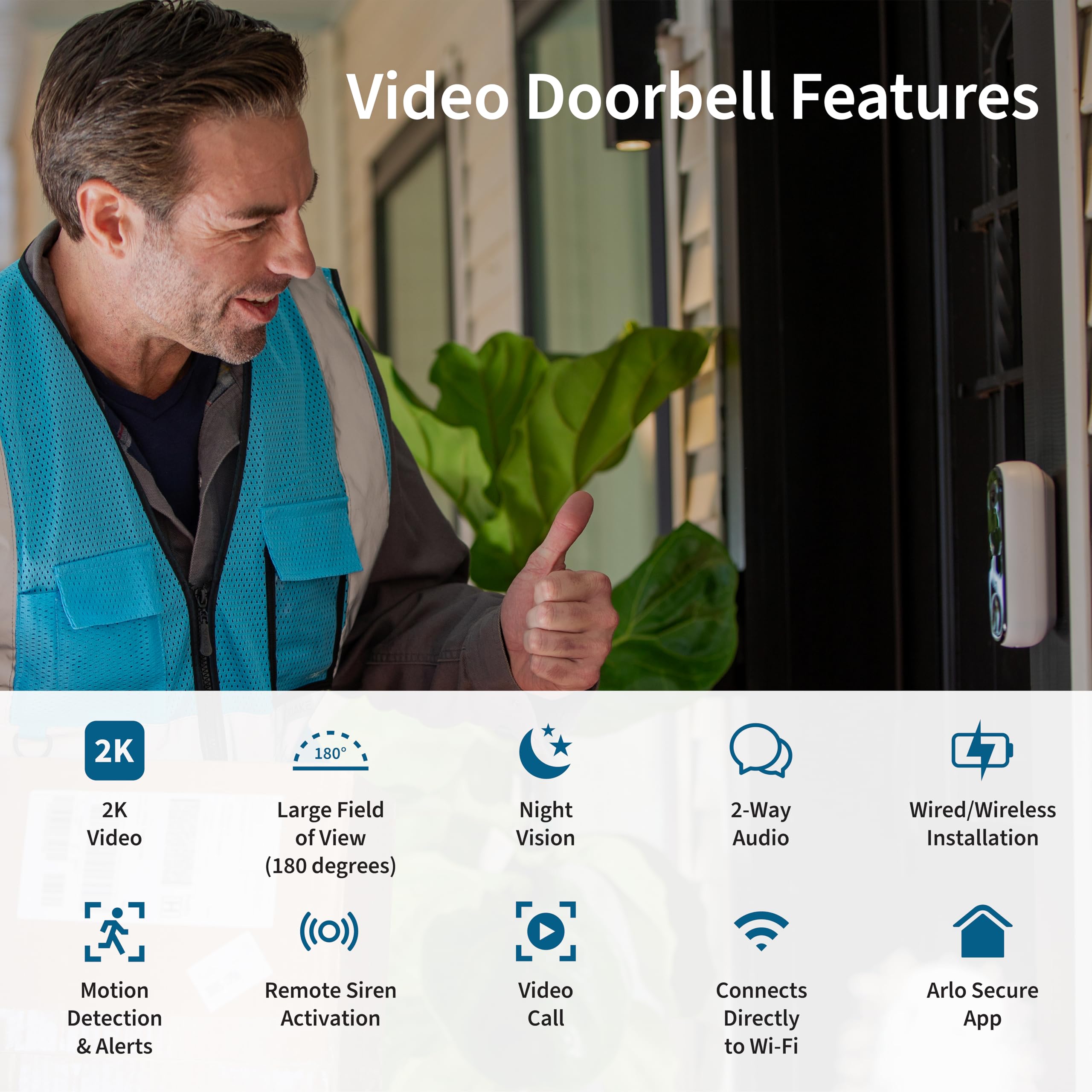 Arlo Video Doorbell 2K | 2Nd Gen | Wire-Free/Wired Option, 2-Way Audio, Night Vision, Head To Toe Video View, Integrated Siren |