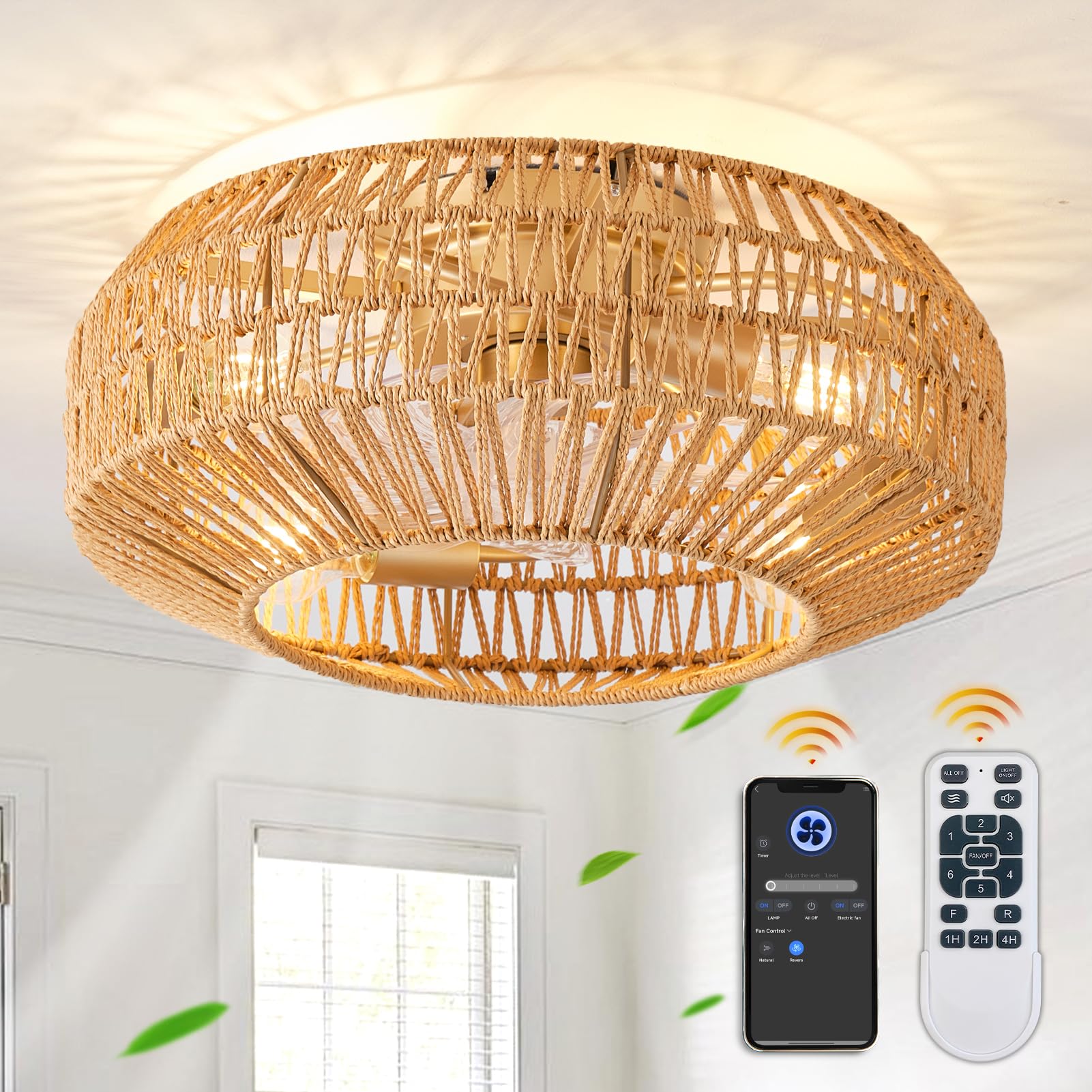 Oiotwo 19 Inch Boho Caged Ceiling Fans With Lights, Low Profile Ceiling Fan And Remote Fandelier Fan Light For Bedroom Living Ro