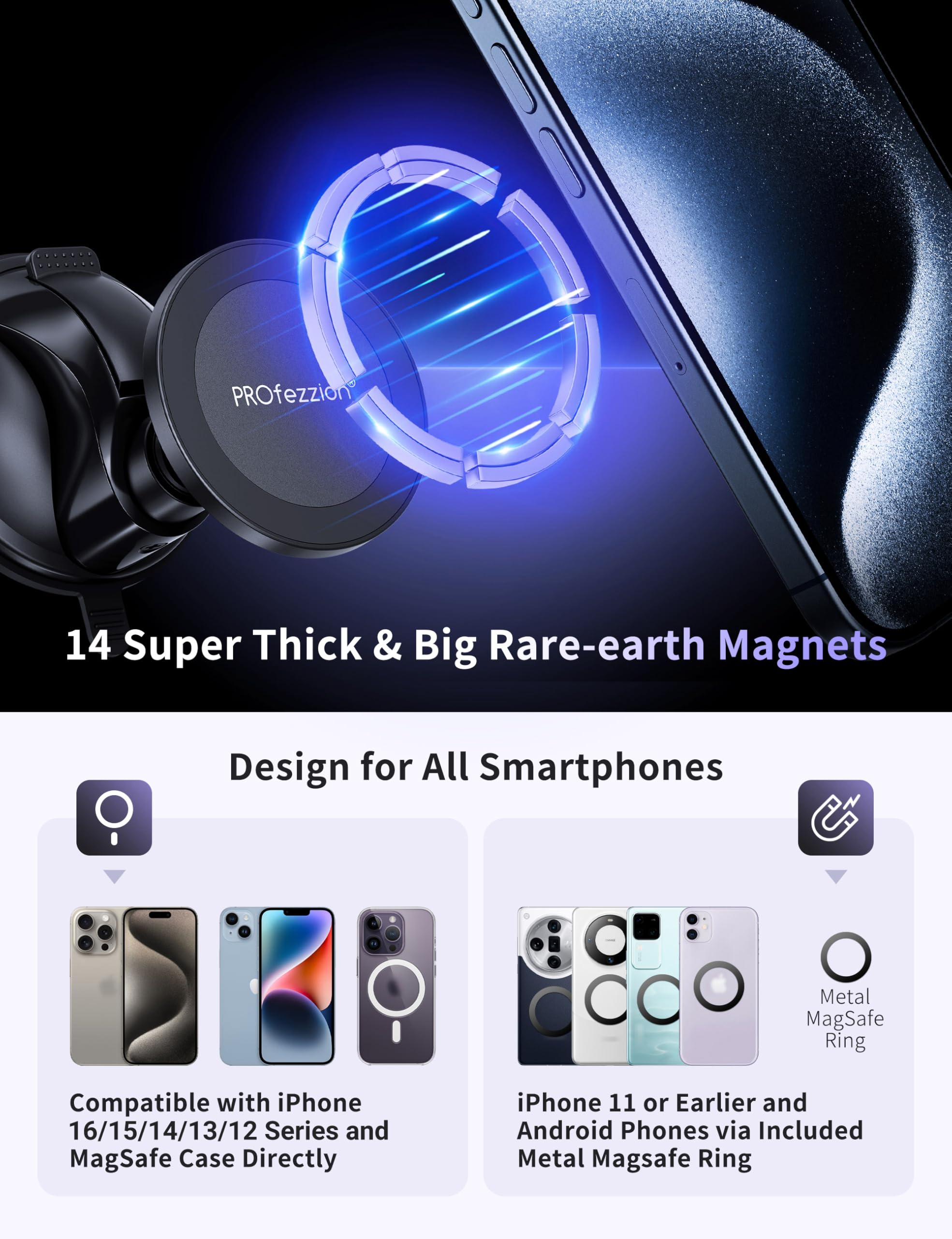 Profezzion Multi-Surface Suction Mount Detachable Magnetic Phone Holder For Mirror Shower Bathroom Kitchen Window Videos Compati