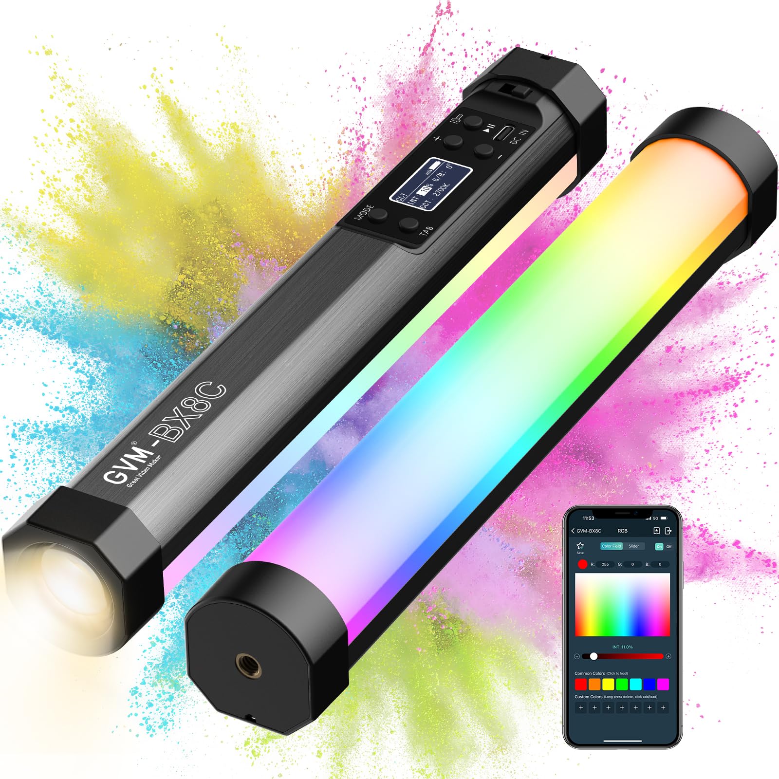 Gvm Bx8C Rgb Tube Light With Spotlight, Full Color Photography Handheld Led Video Lighting Wand Stick With Bluetooth Control, 6