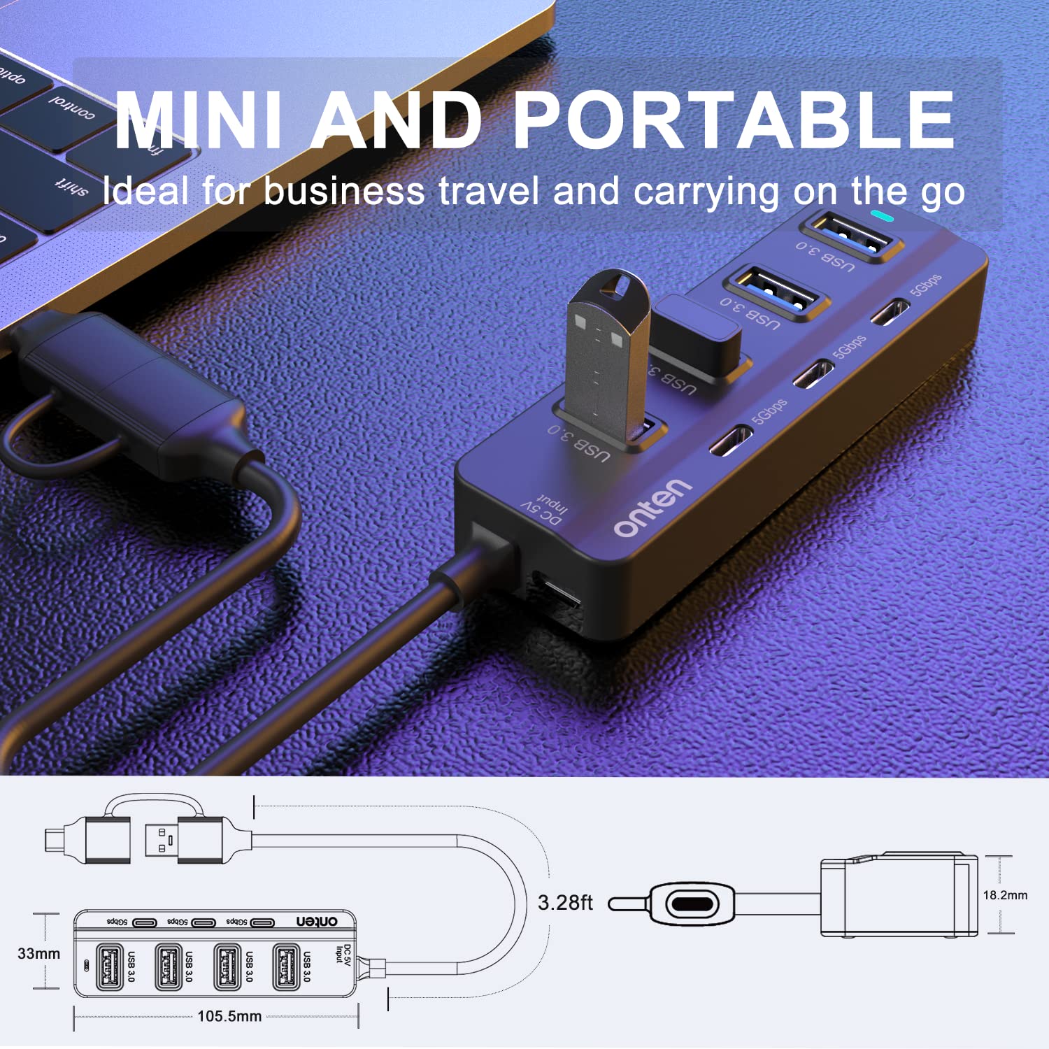 Onten Usb C Hub,7 Ports Usb3.0 To Usb C Hub With A Usb C To Usb 3.0 Adapter. 3.2Ft Cable 4*Usb3.0 Ports,3*Usb C Ports Forthunderbolt 3/4 Macbook Surface Pro And More Usb/Usb C Devices