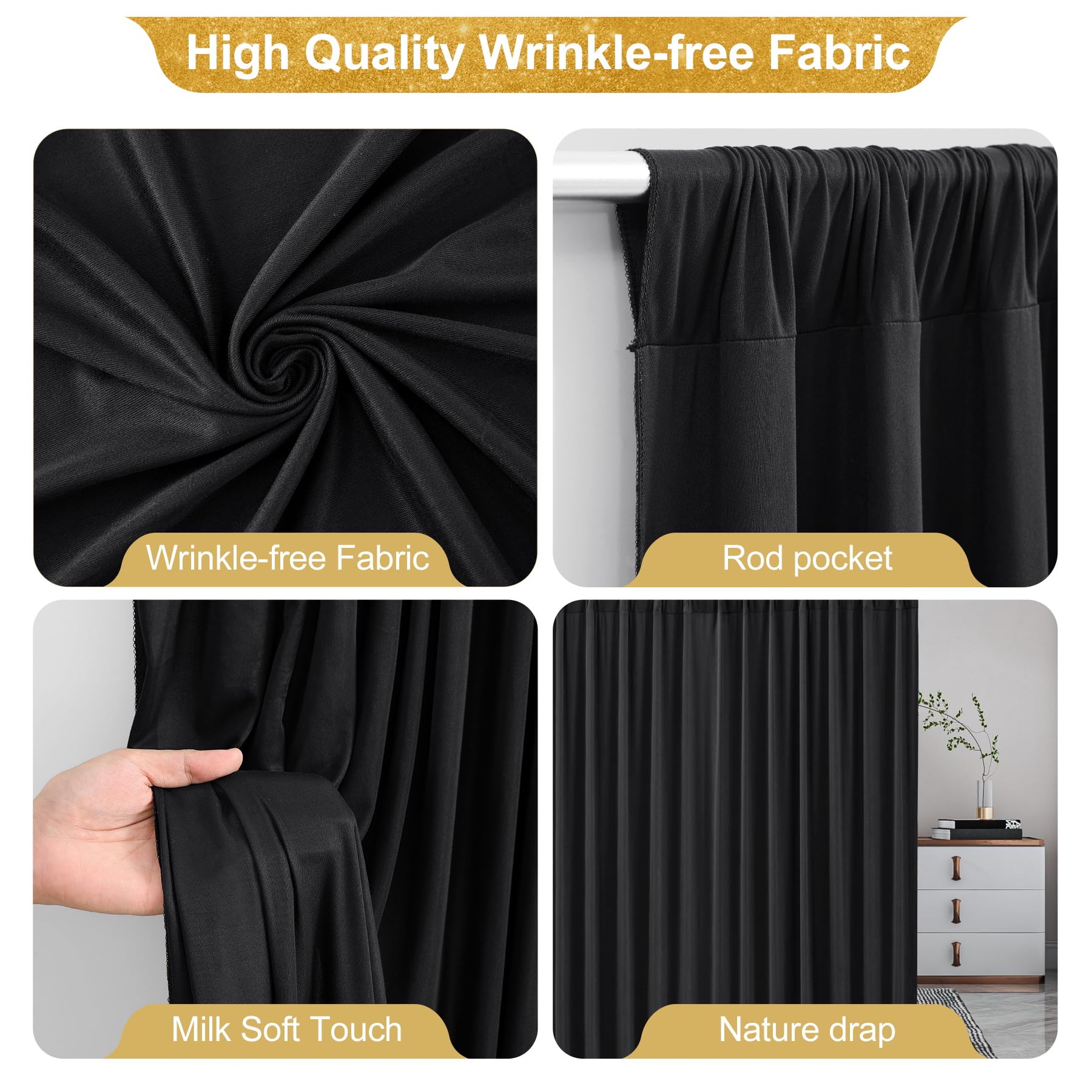 Black Backdrop Curtains For Wedding Parties, 6 Packs Black Backdrop Drapes Wrinkle Free Polyester Wedding Backdrop For Baby Show