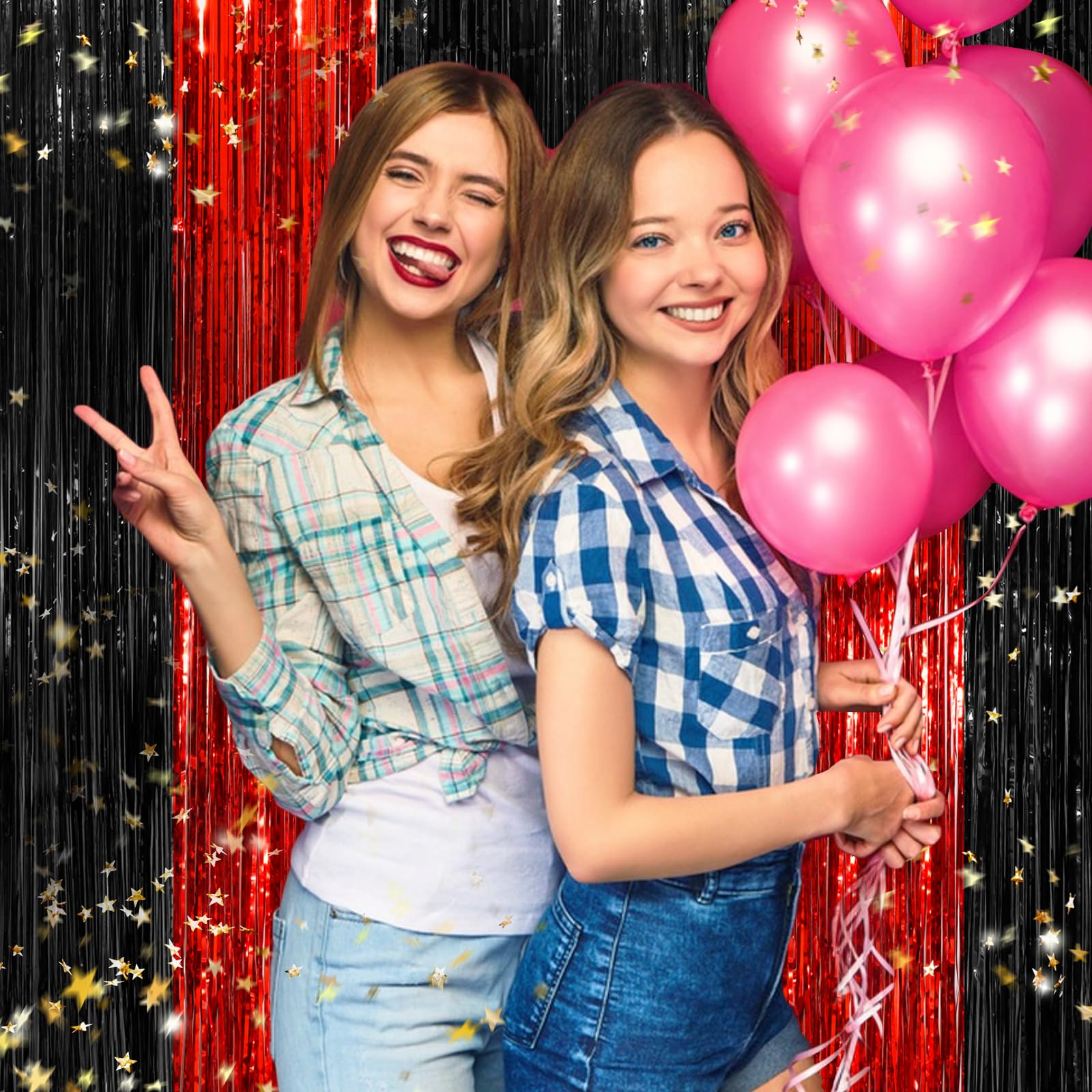 Black Red Tinsel Foil Fringe Curtains, 2 Pack 3.3X8.3 Feet Party Streamer Curtains For Birthday Party Decorations, Halloween Dec