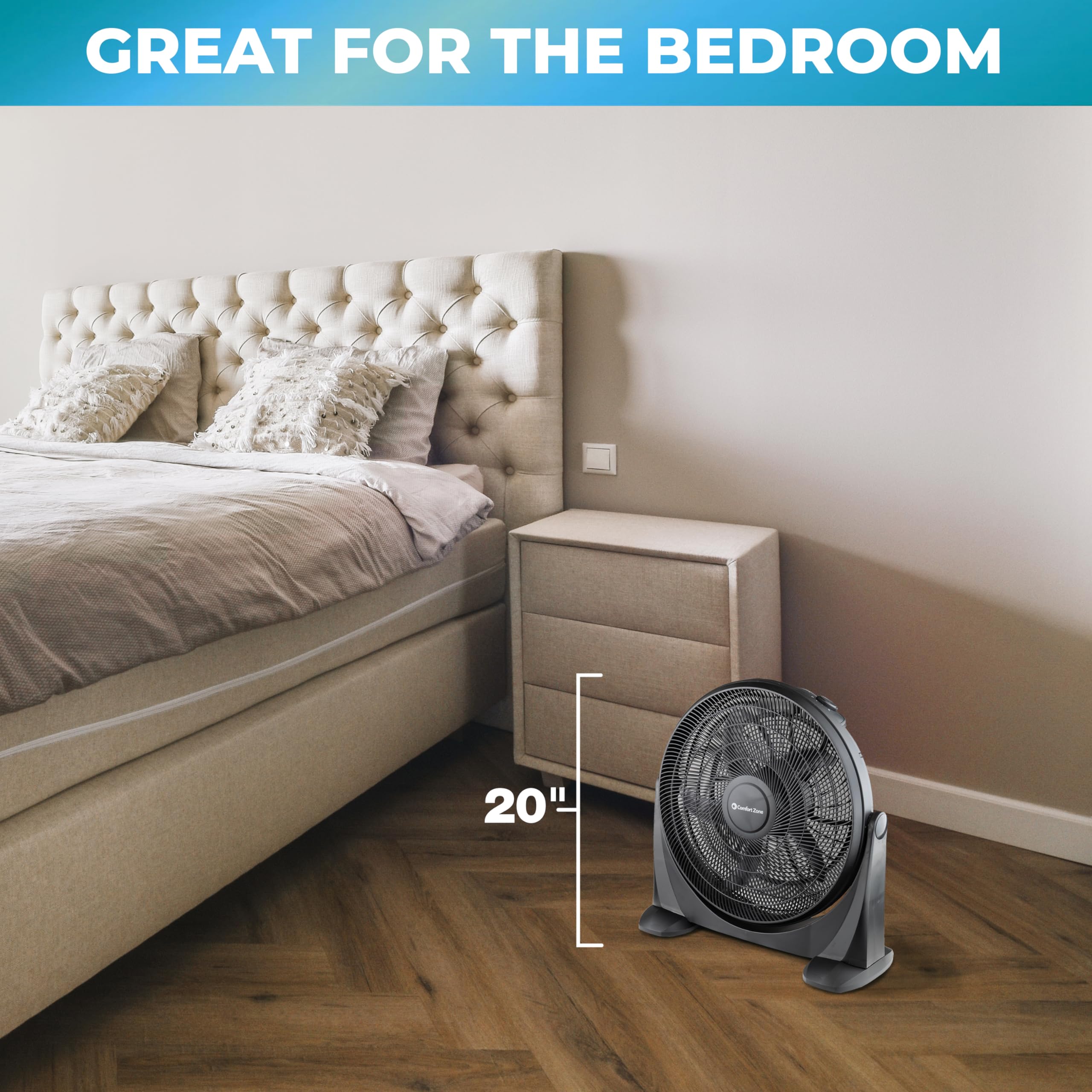 Comfort Zone 20-Inch High-Velocity Floor Fan With 3 Speeds, 180 Adjustable Tilt - Powerful Bedroom Fan For White Noise & Cooling