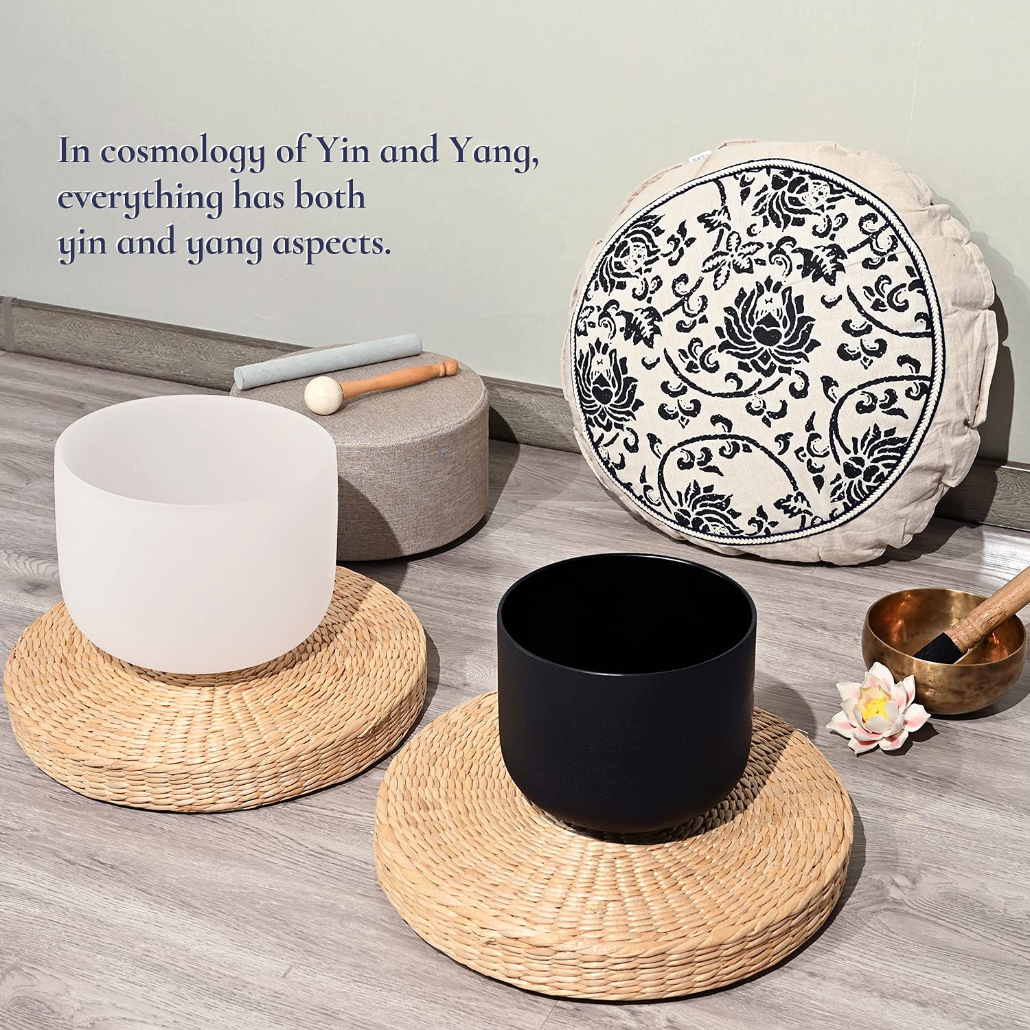 Couple Of 2 Pcs Yin And Yang Crystal Singing Bowl Set 8 Inch Black And 10 Inch White Mutual Attraction Bowls