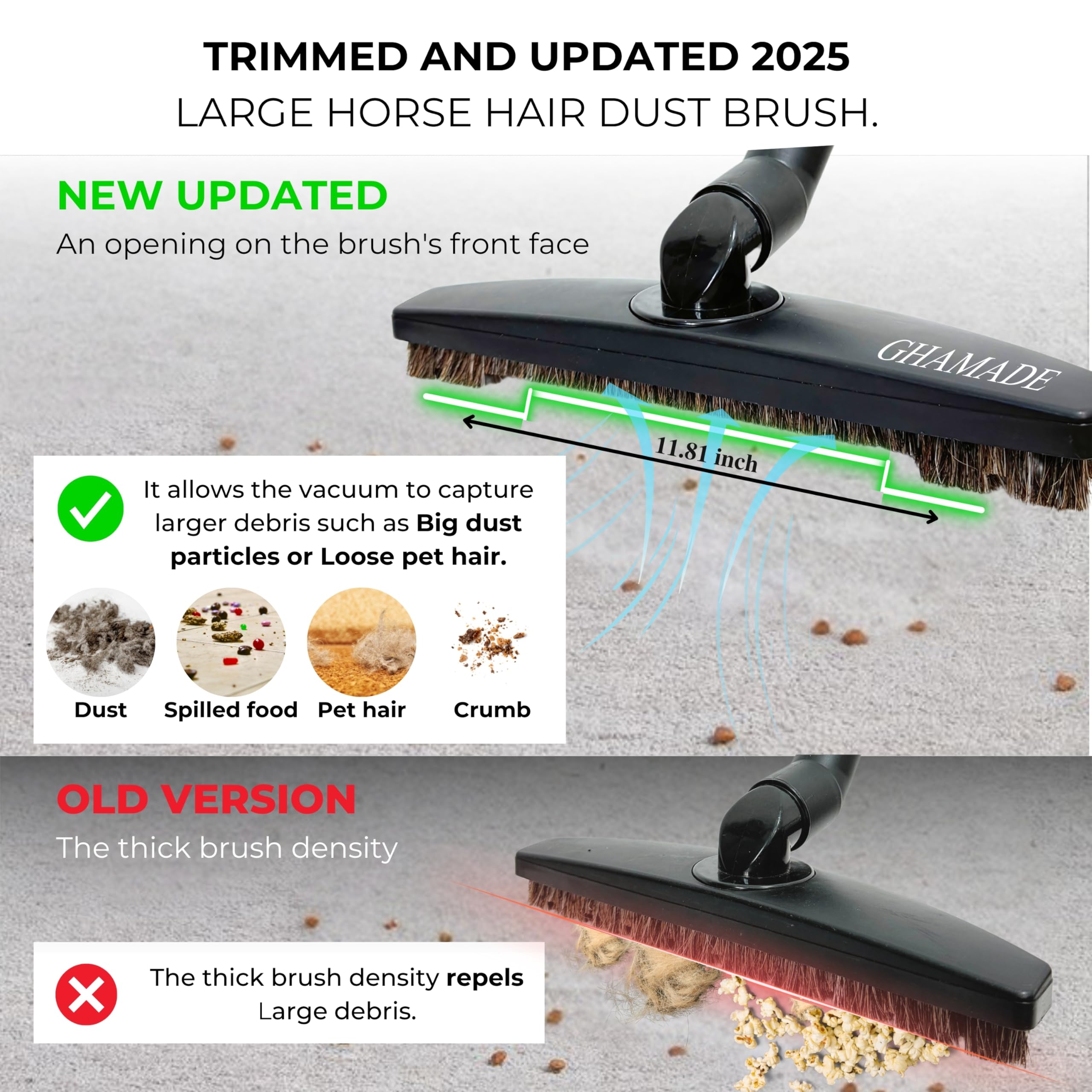 Replacement Vacuum Brush Head With 32Mm Connection & 1-3/8-Inch To 1-1/4-Inch Adapter | Works On Low Carpet & All Floors | Horse