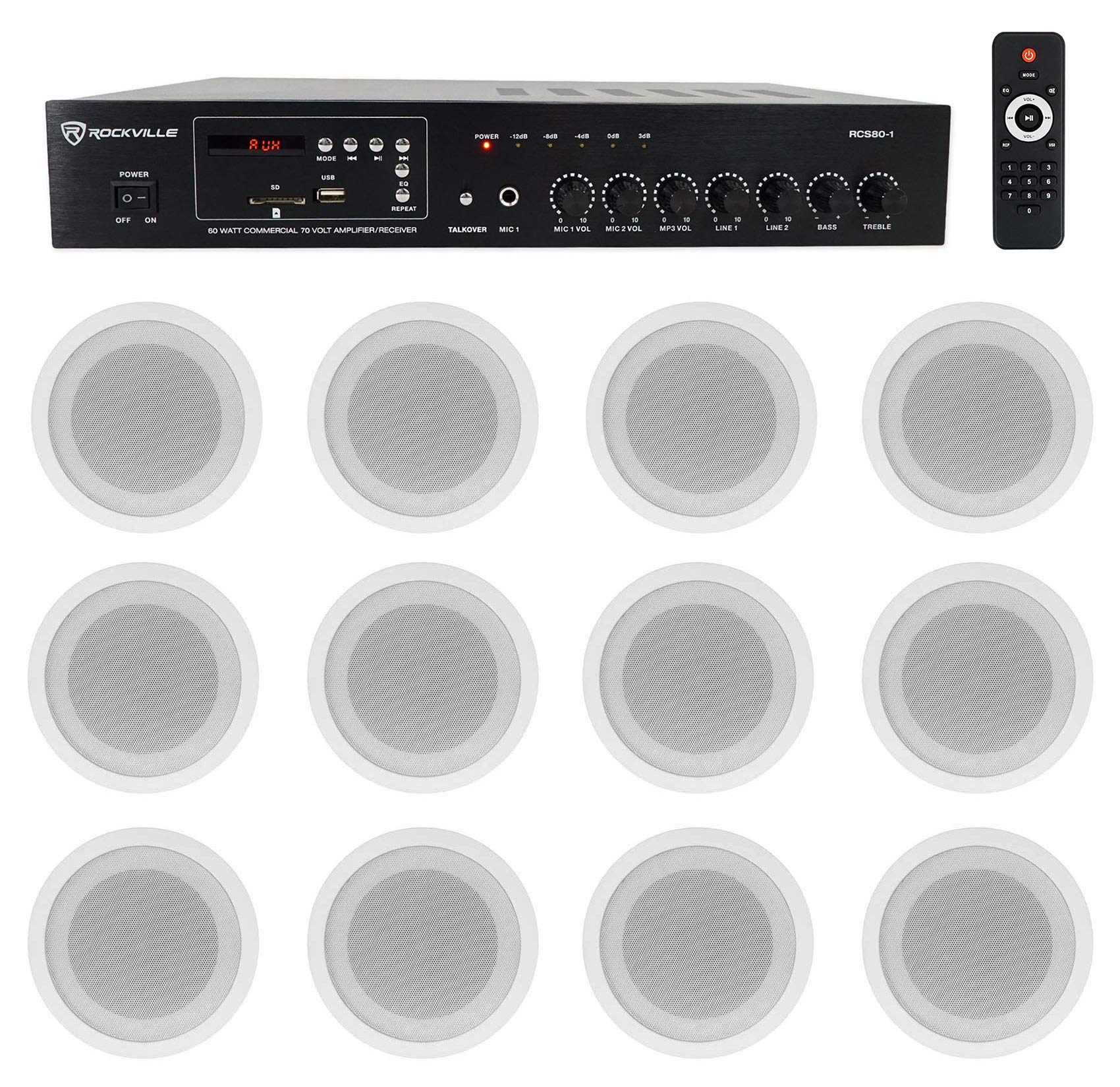 Rockville RCS80-1 Bundle: 60-Watt 70V Commercial/Restaurant Amplifier Bluetooth Receiver, (12) CCL5T White 70V 5 in Commercial C