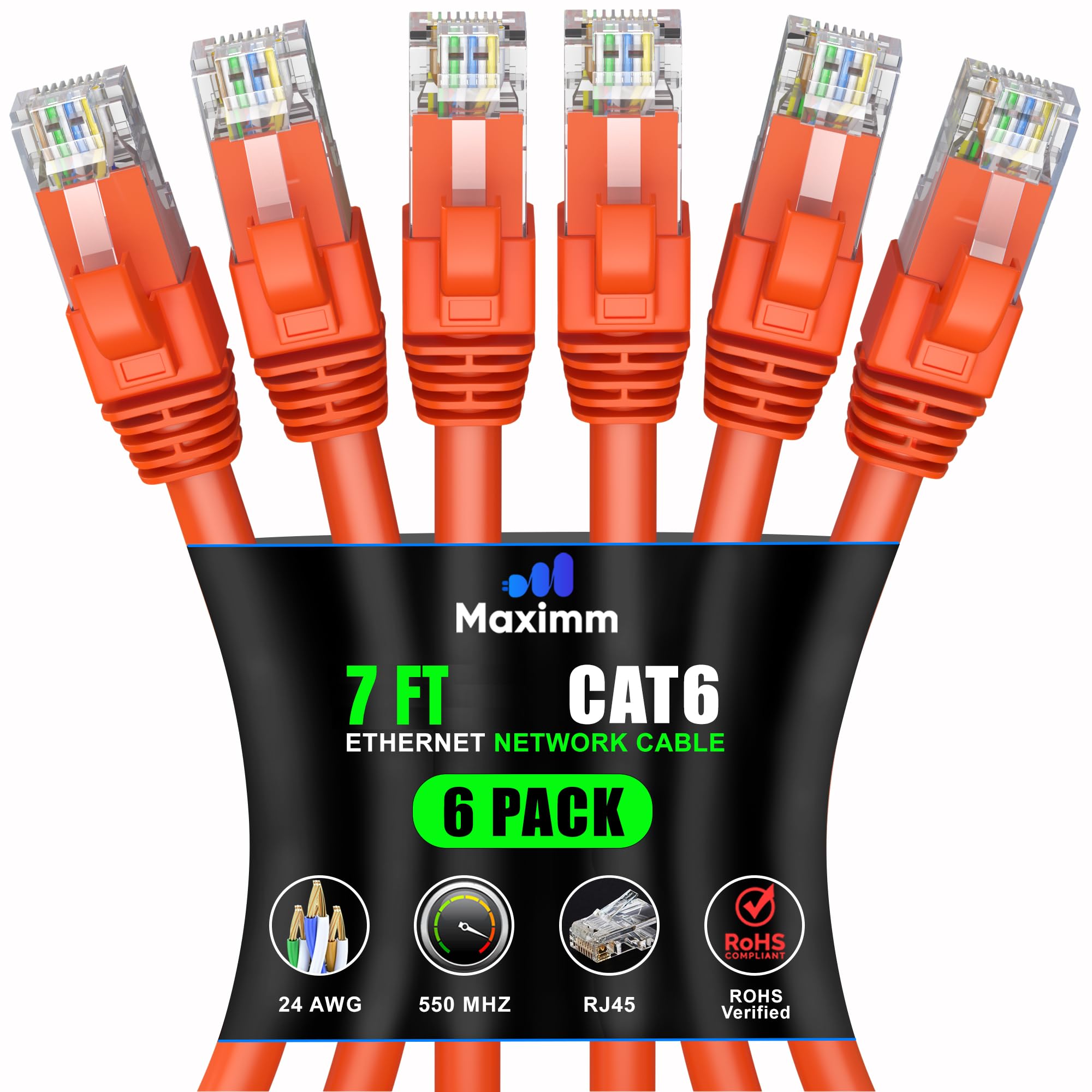 Maximm Cat 6 Ethernet Cable 7 Ft (6 Pack)   High Speed Lan Cable, Internet Cable, Patch Cable, And Network Cable   Utp, 10Gbps, 550Mhz Ethernet Cord   Orange