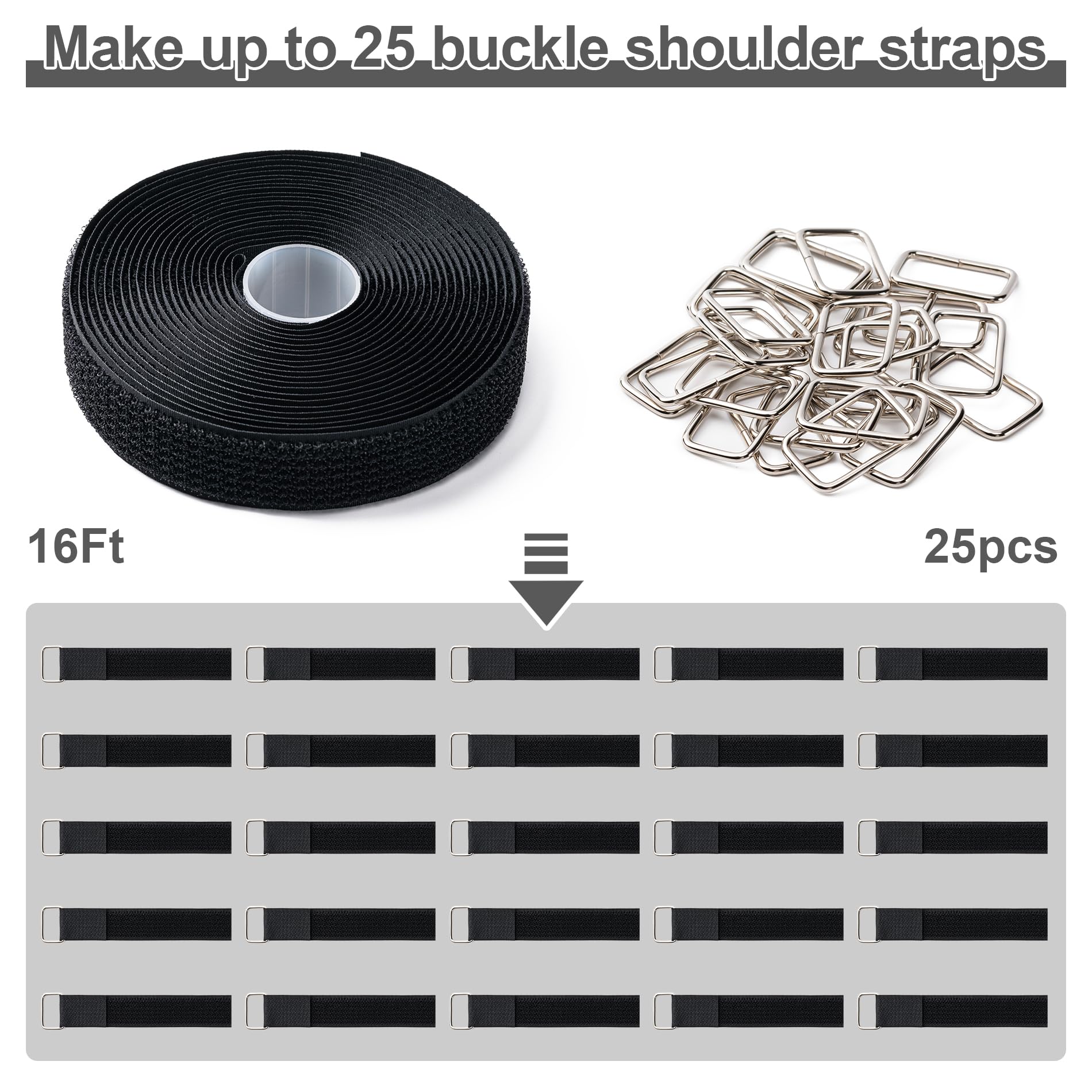 1''X16Ft Hook And Loop Straps With 25 Metal Buckles, Adjustable Fastening Cable Straps, Free Cut Length, Reusable Nylon Cable Ti