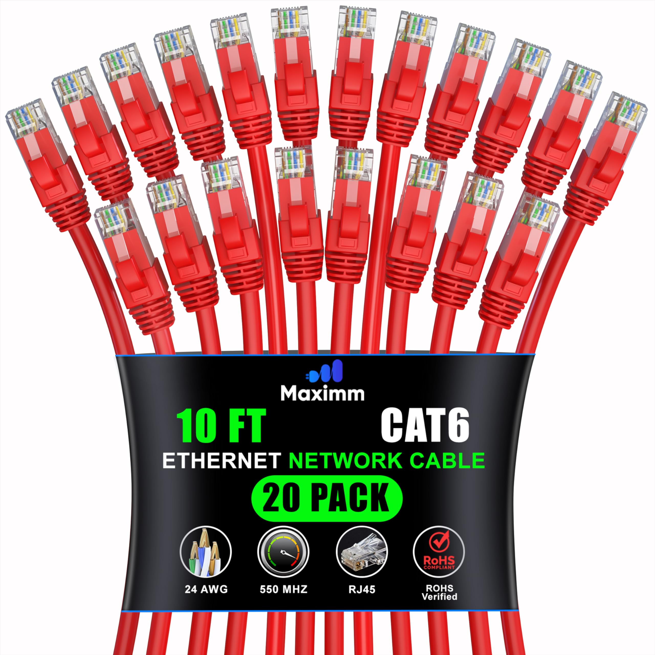Maximm Cat 6 Ethernet Cable 10 Ft (20 Pack)   High Speed Lan Cable, Internet Cable, Patch Cable, And Network Cable   Utp, 10Gbps, 550Mhz Ethernet Cord   Red