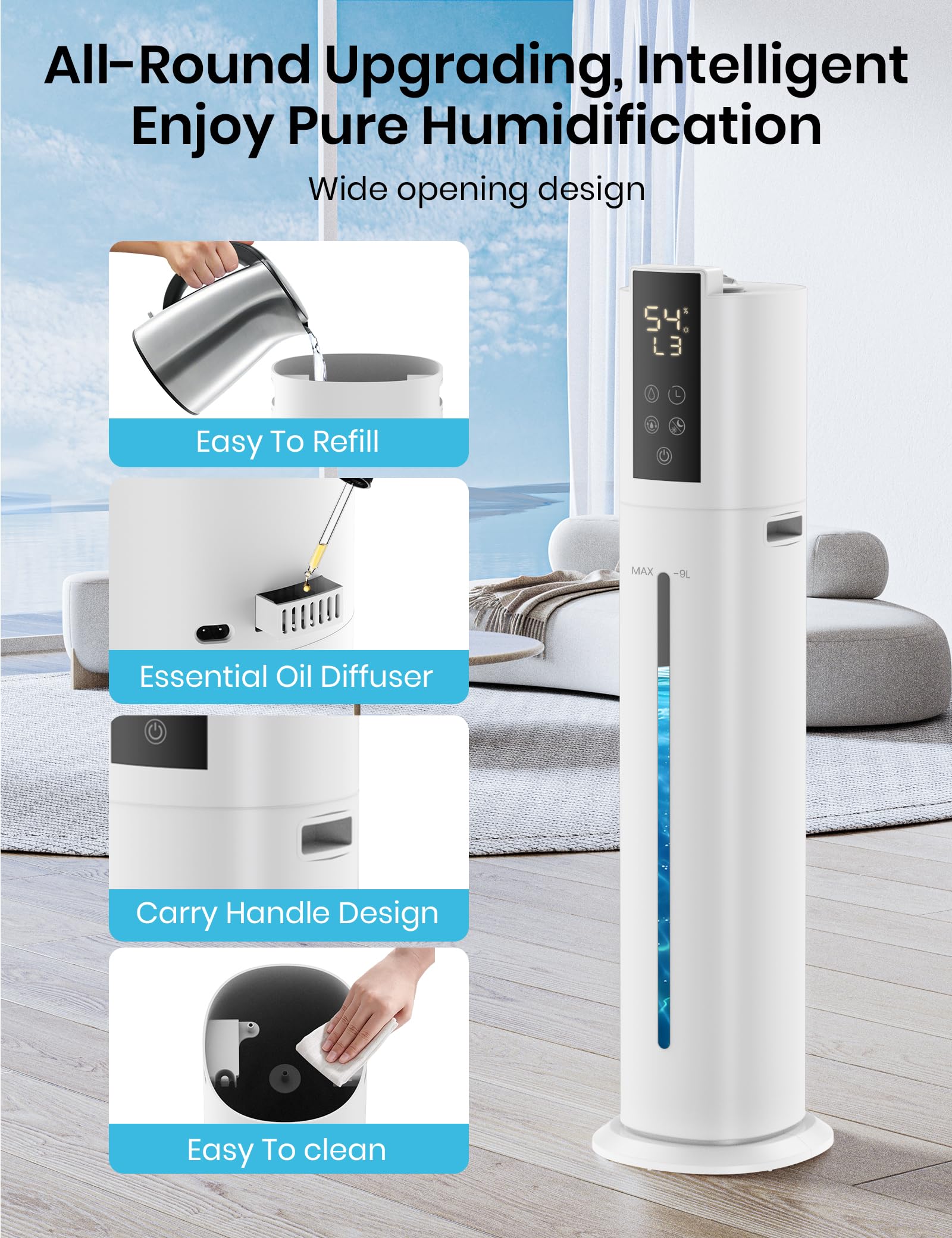 9L/2.38Gal Smart Humidifiers For Large Room,30Db Quiet Whole House Humidifier,Cover Up To 600Ft App/Remote Control,Humidifier Fo