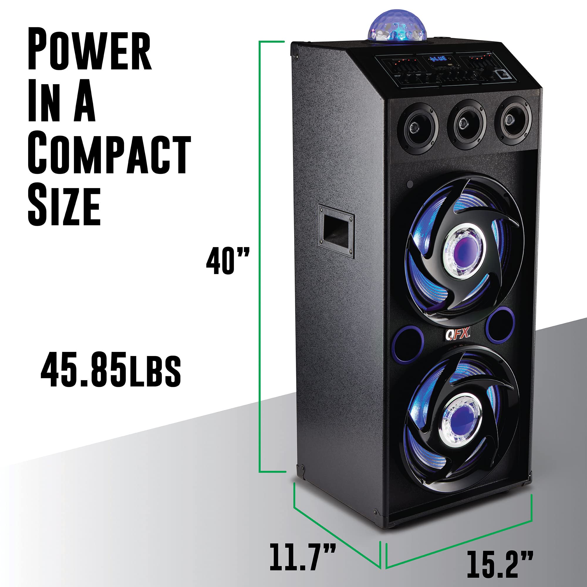 Qfx Sbx 412207Bt Tws Bluetooth Cabinet Speaker With Dual 12' Woofers, Led Party Lights, Fm Radio, Usb/Tf Card Ports, Aux Input, Blue