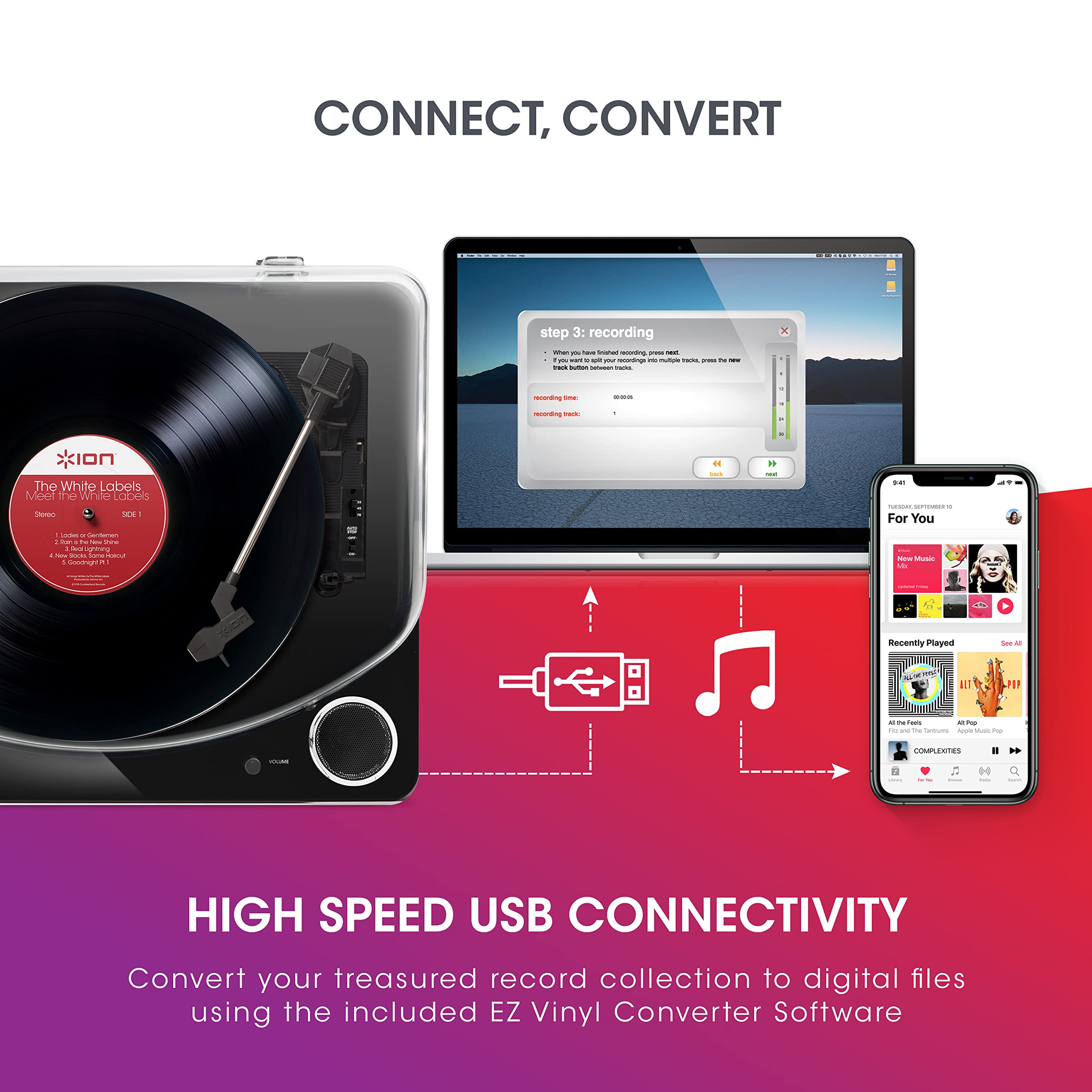 Ion Audio Max Lp Black |Three Speed Vinyl Conversion Turntable With Stereo Speakers, Usb Output To Convert Vinyl Records To Digital Files And Standard Rca & Headphone Outputs