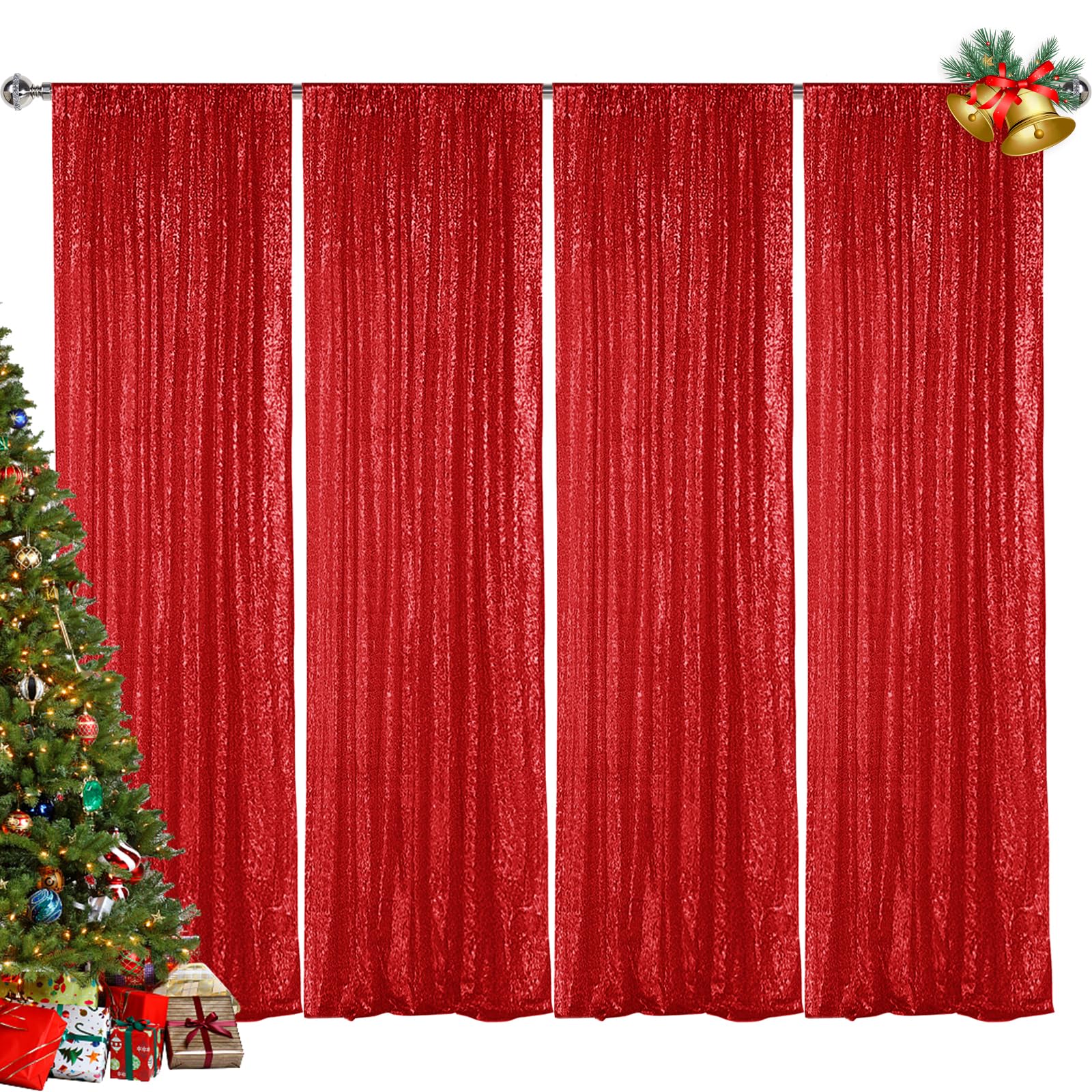Hahuho Red Sequin Backdrop Curtain, 4Pcs 2Ftx8Ft Glitter Backdrop Curtain For Parties, Christmas, Wedding, Party Decoration(4 Pa